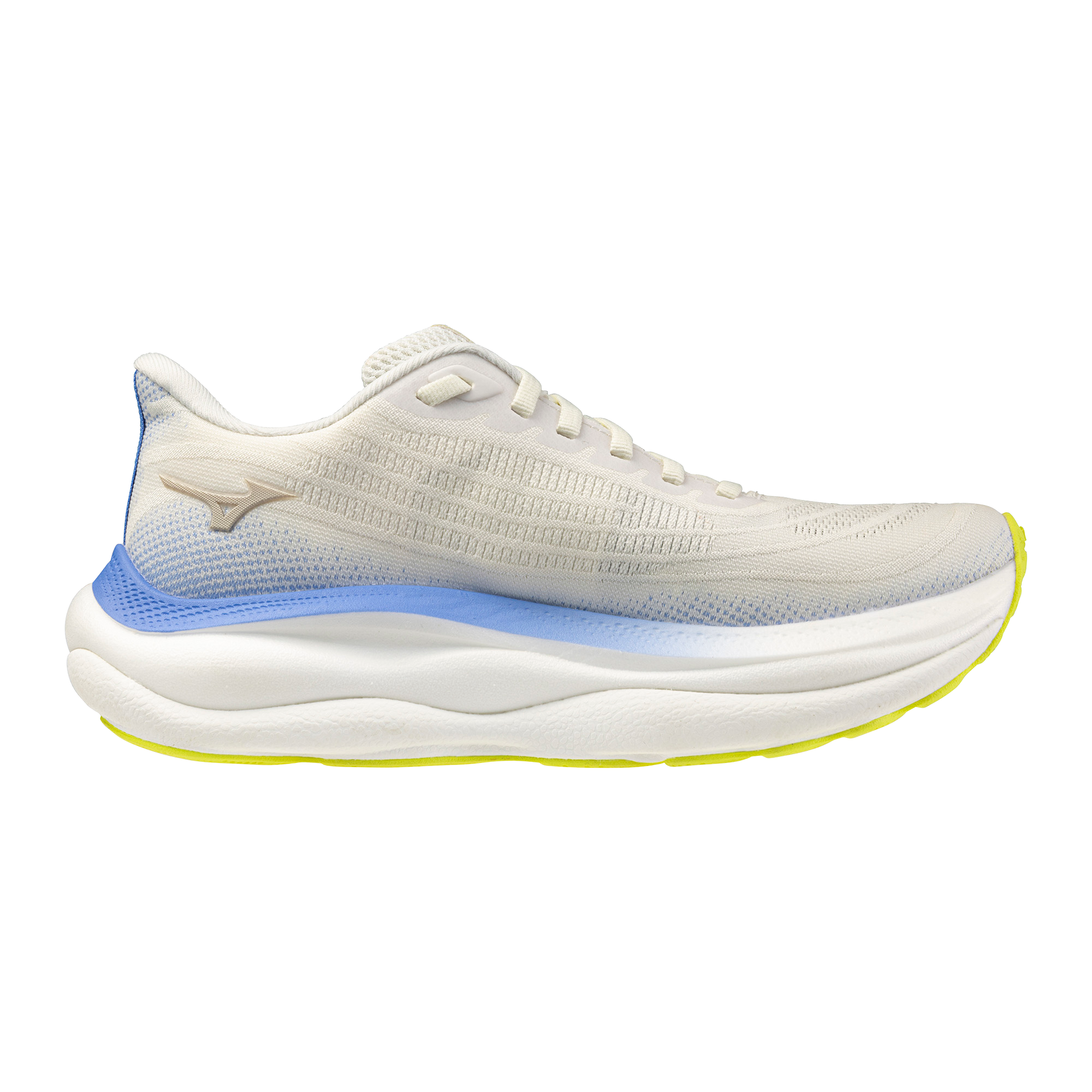 White running shoe with blue sole on a white background