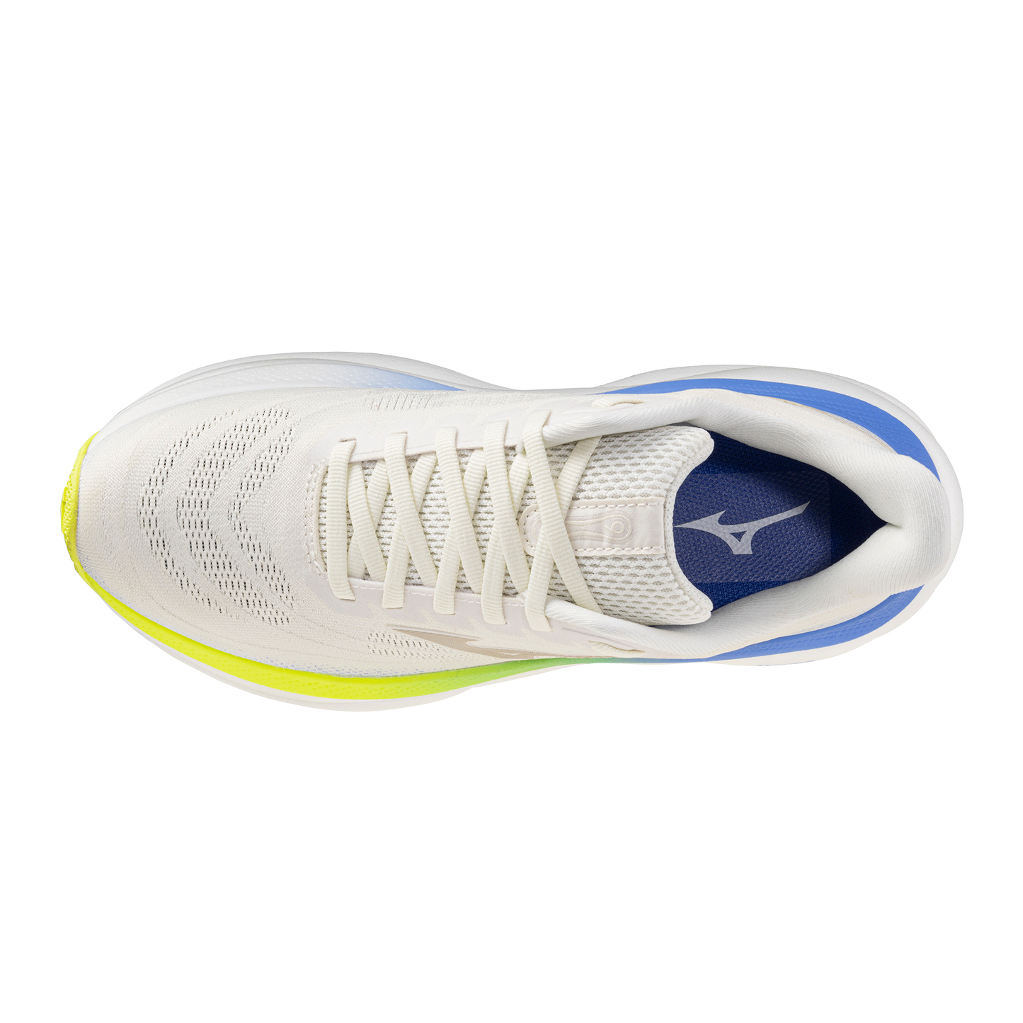 White running shoe with blue and yellow accents on a white background
