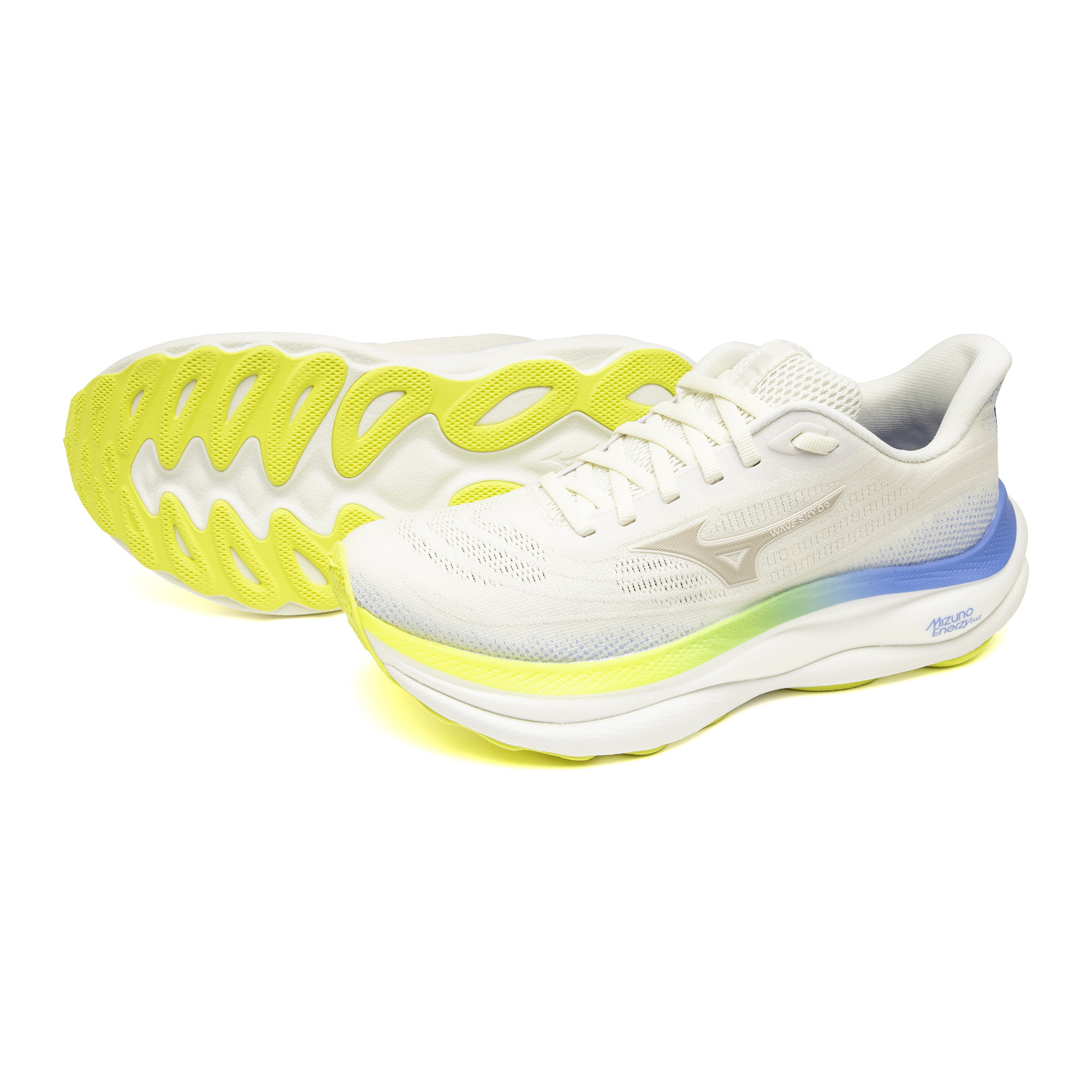 White running shoes with yellow accents on a white background