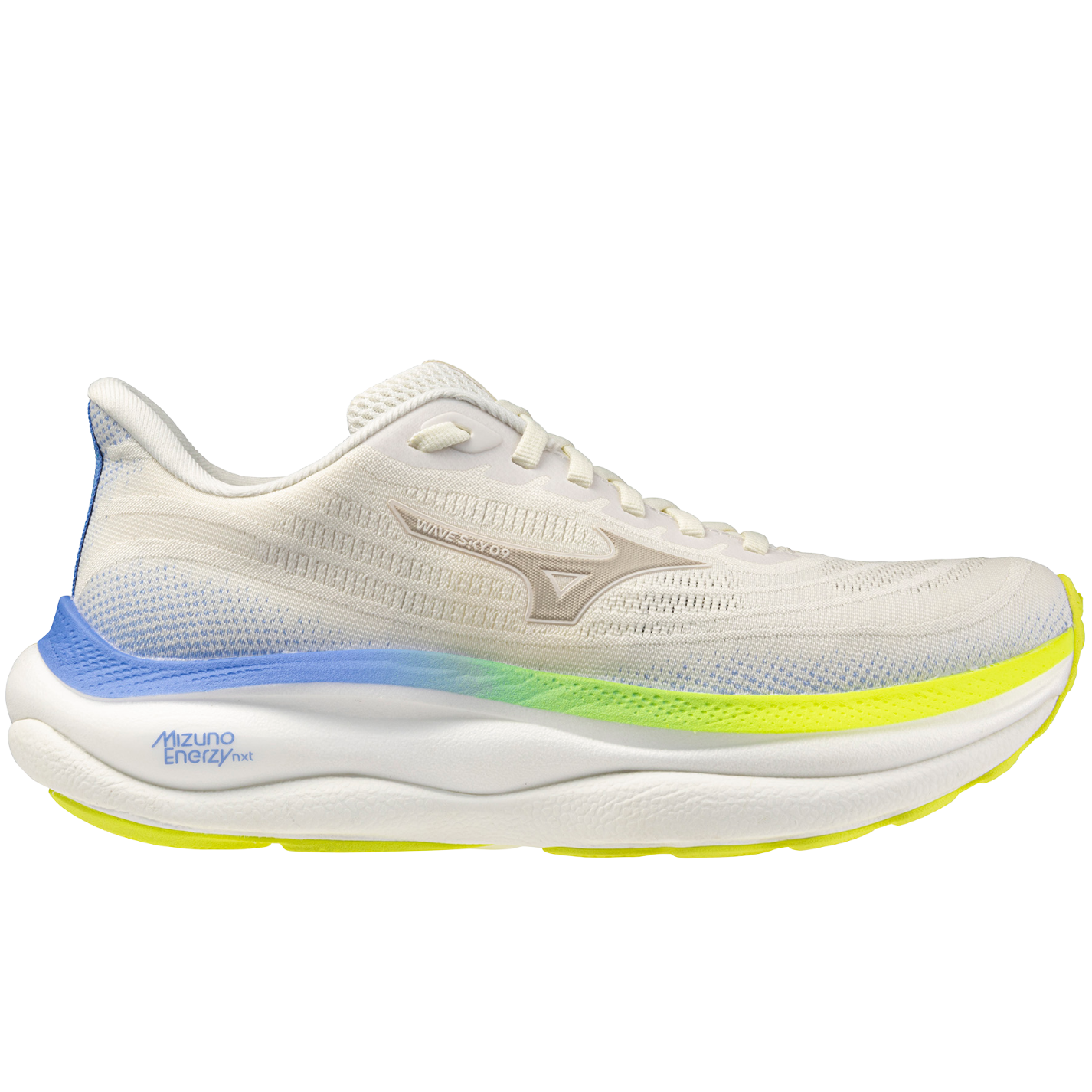 White running shoe with blue and green sole on a white background