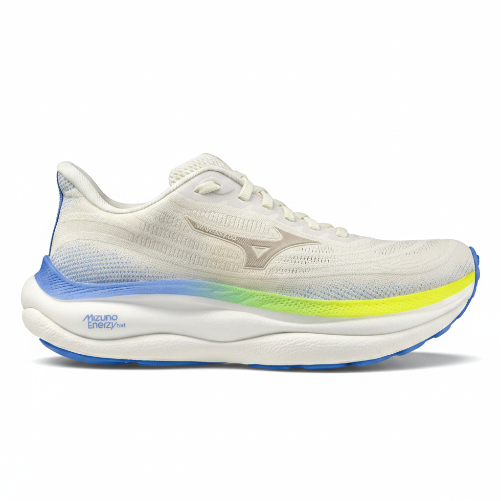 White running shoe with blue and green sole on a white background