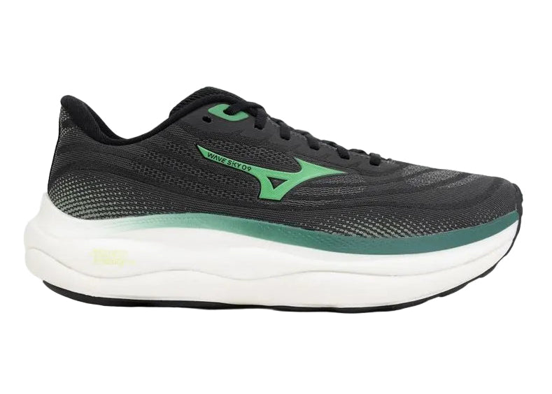 Black and green running shoe with brand logo on a white background