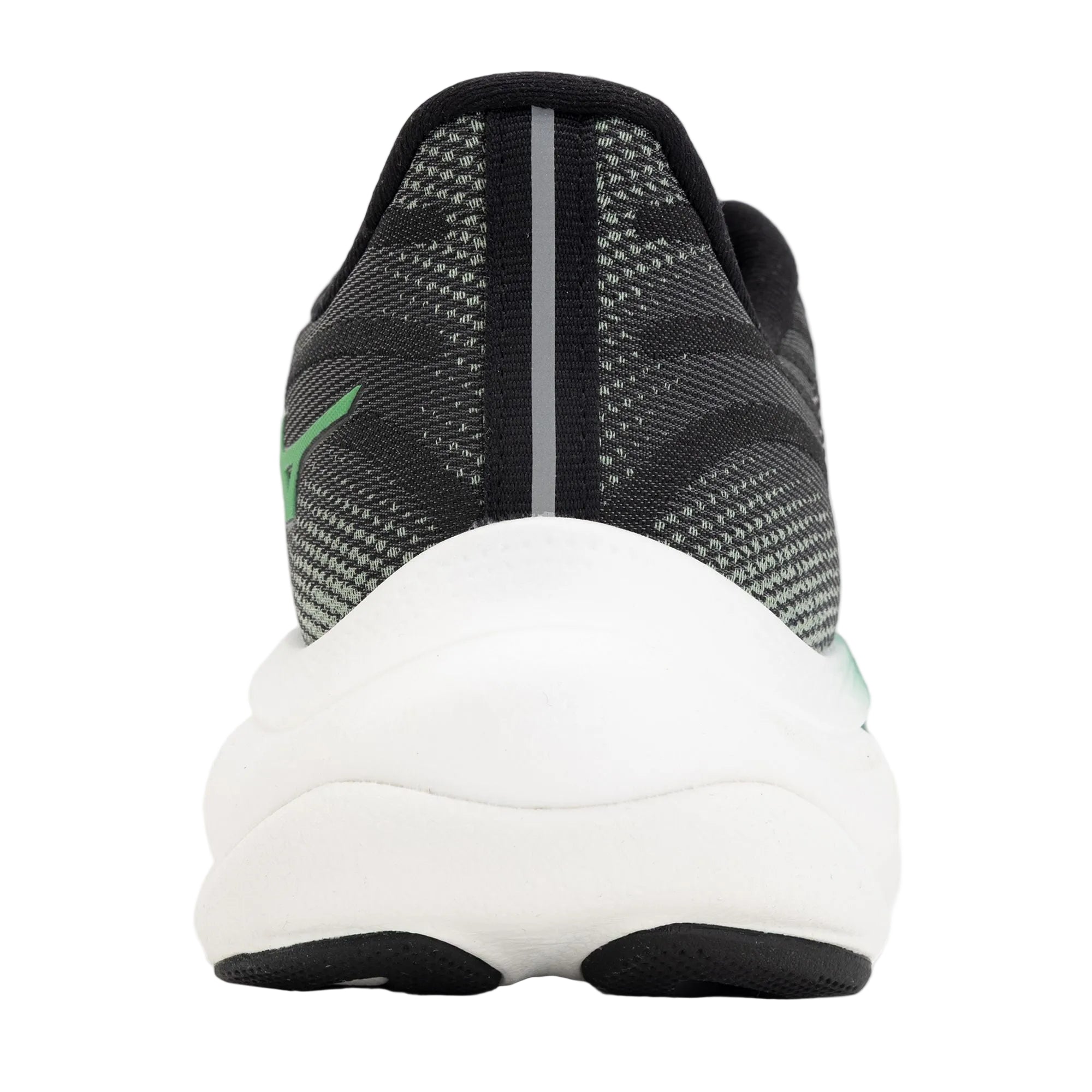 Black and white athletic shoe with green accents on a white background
