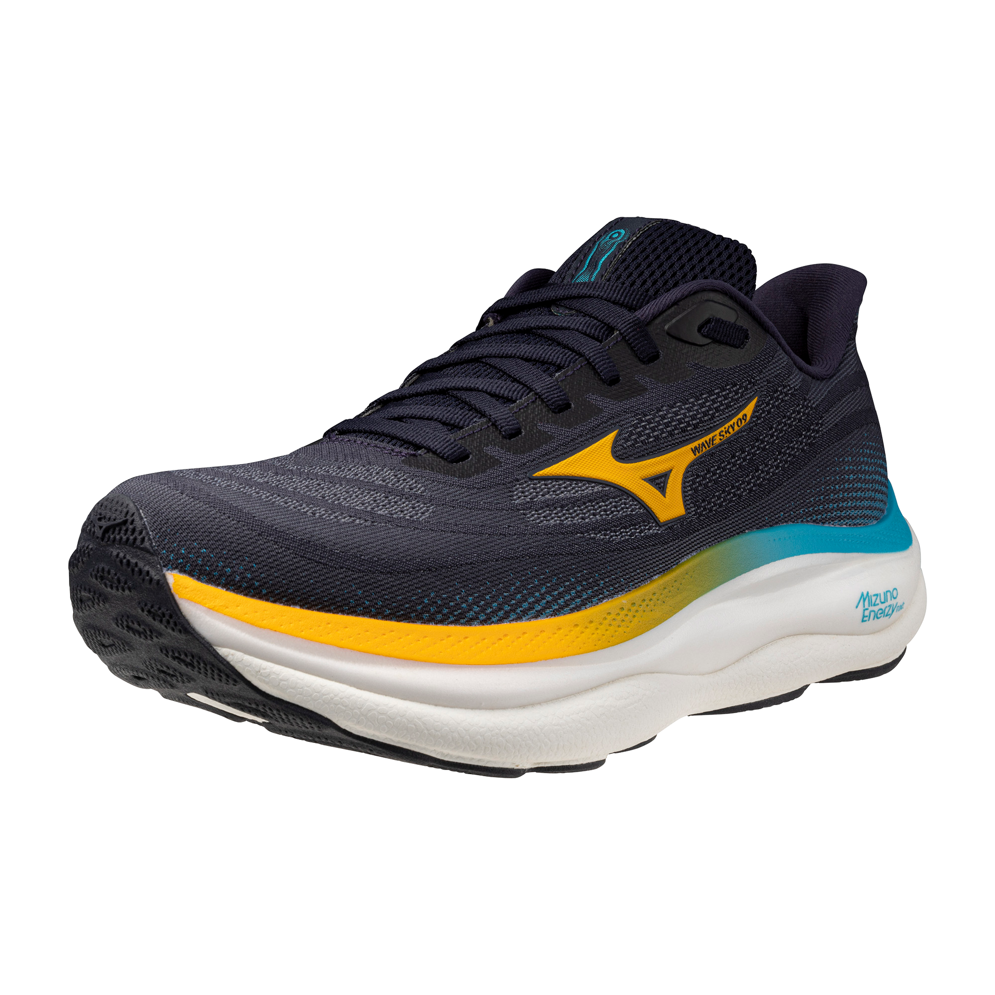 Navy and yellow running shoe with brand logo on a white background