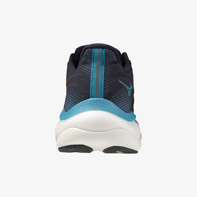 Navy and blue running shoe on a white background