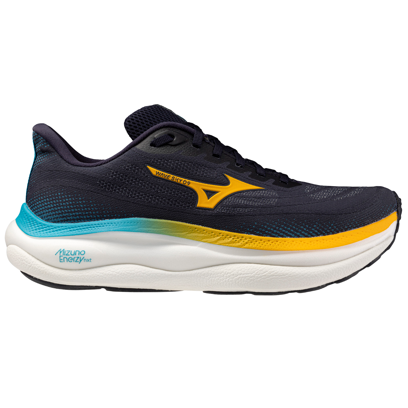Navy and yellow running shoe with white sole on a white background