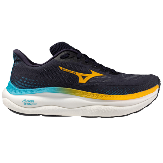 Navy and yellow running shoe with white sole on a white background
