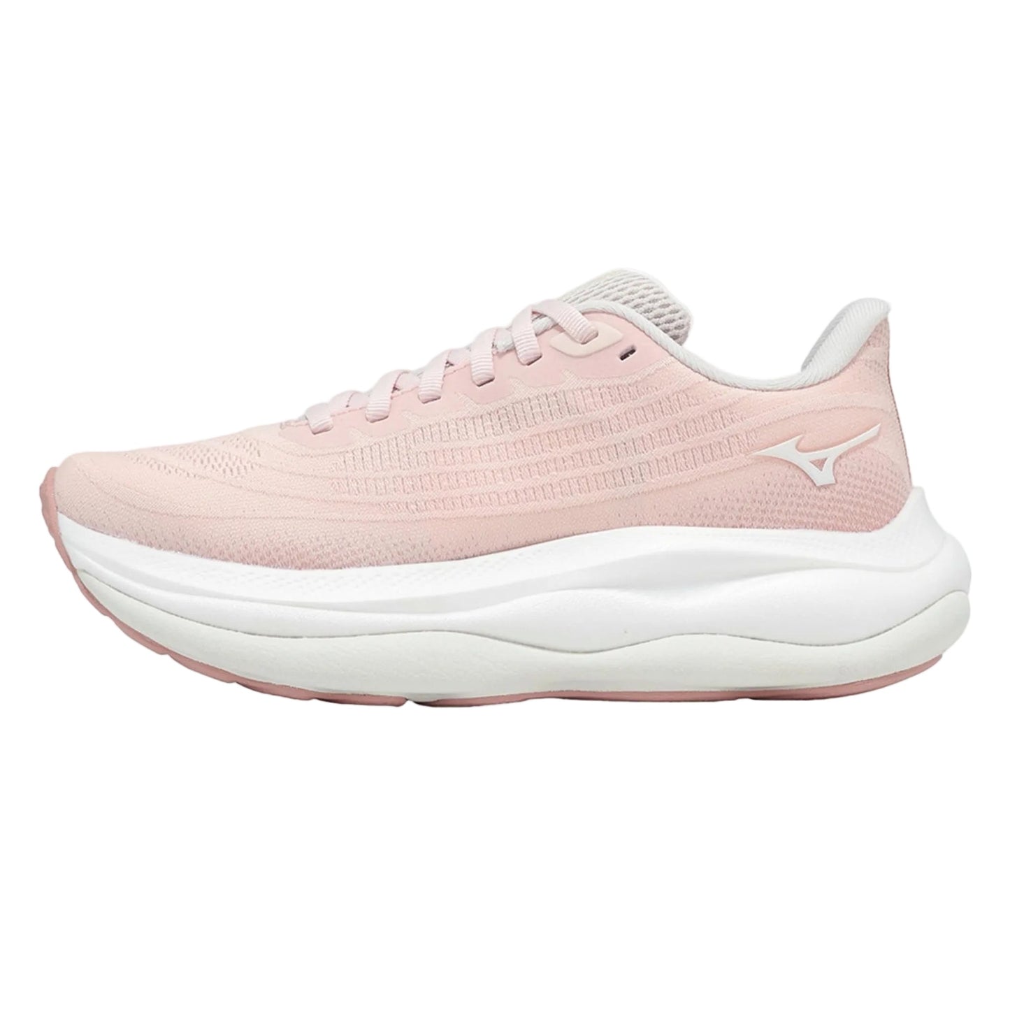 Pink running shoe with white sole on a light gray background