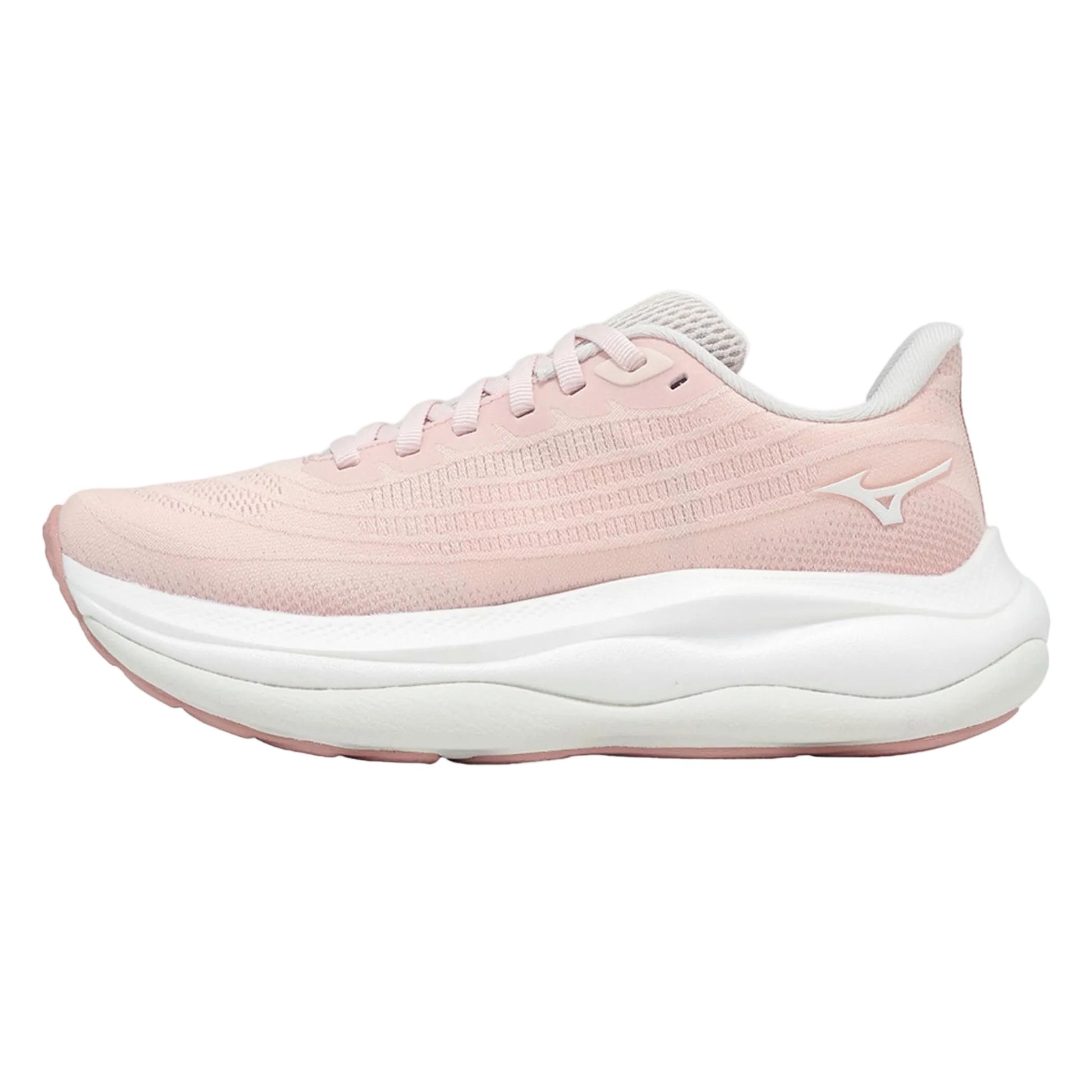 Pink running shoe with white sole on a light gray background