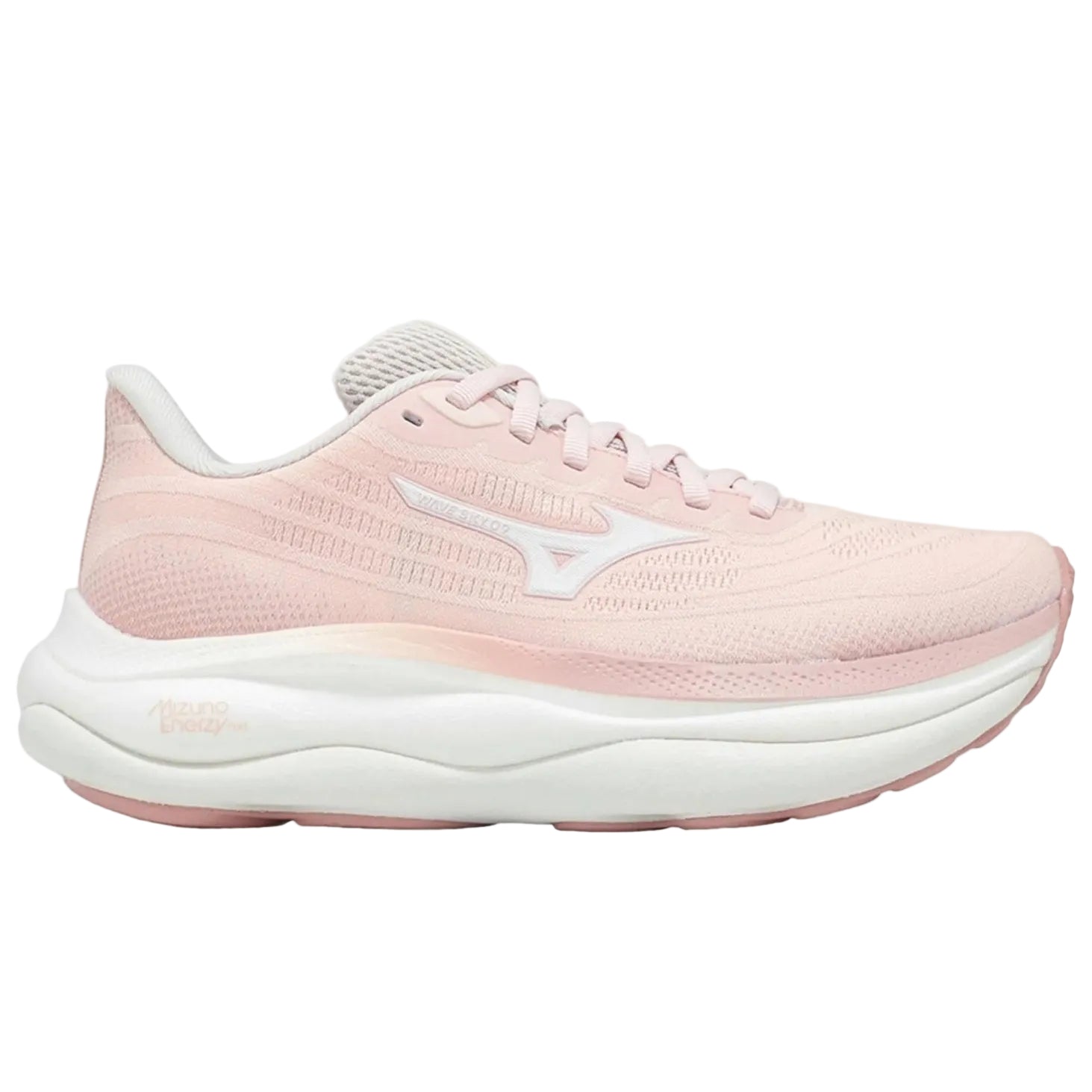 Pink running shoe with white sole on a white background