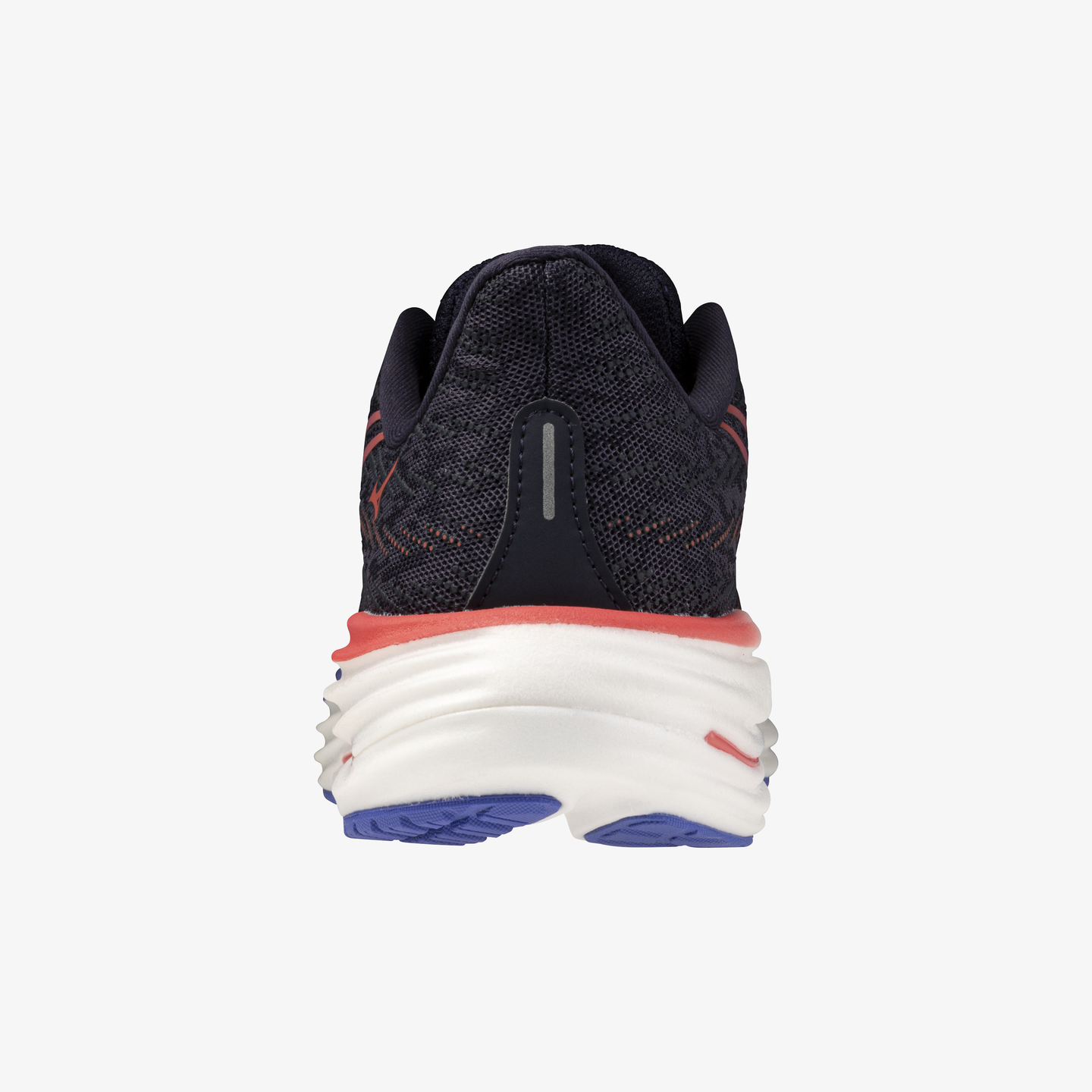 Navy running shoe with white sole on a light gray background