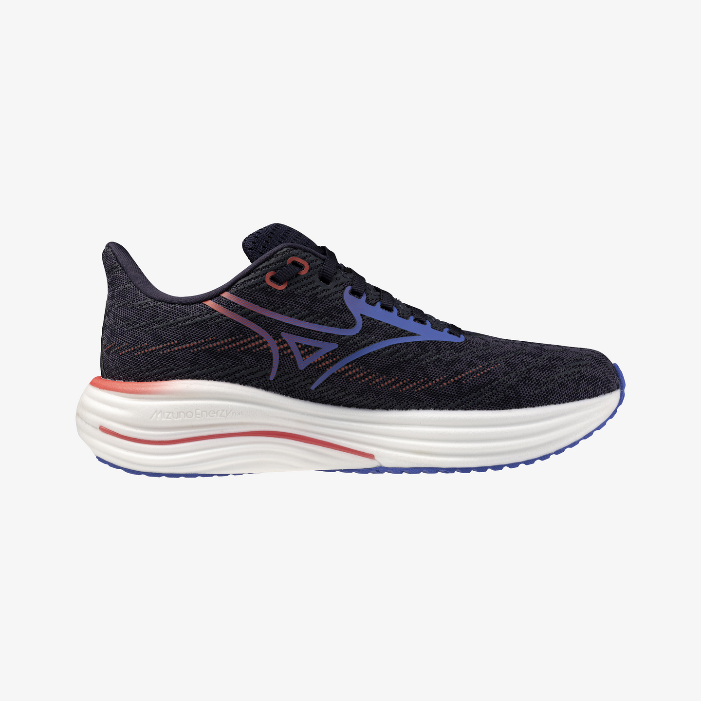 Black running shoe with colorful design on a white background