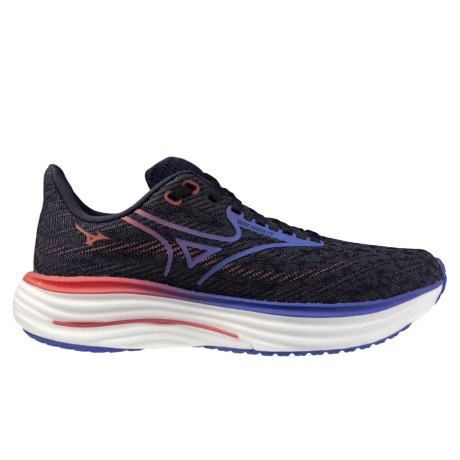 Black running shoe with colorful sole on a white background