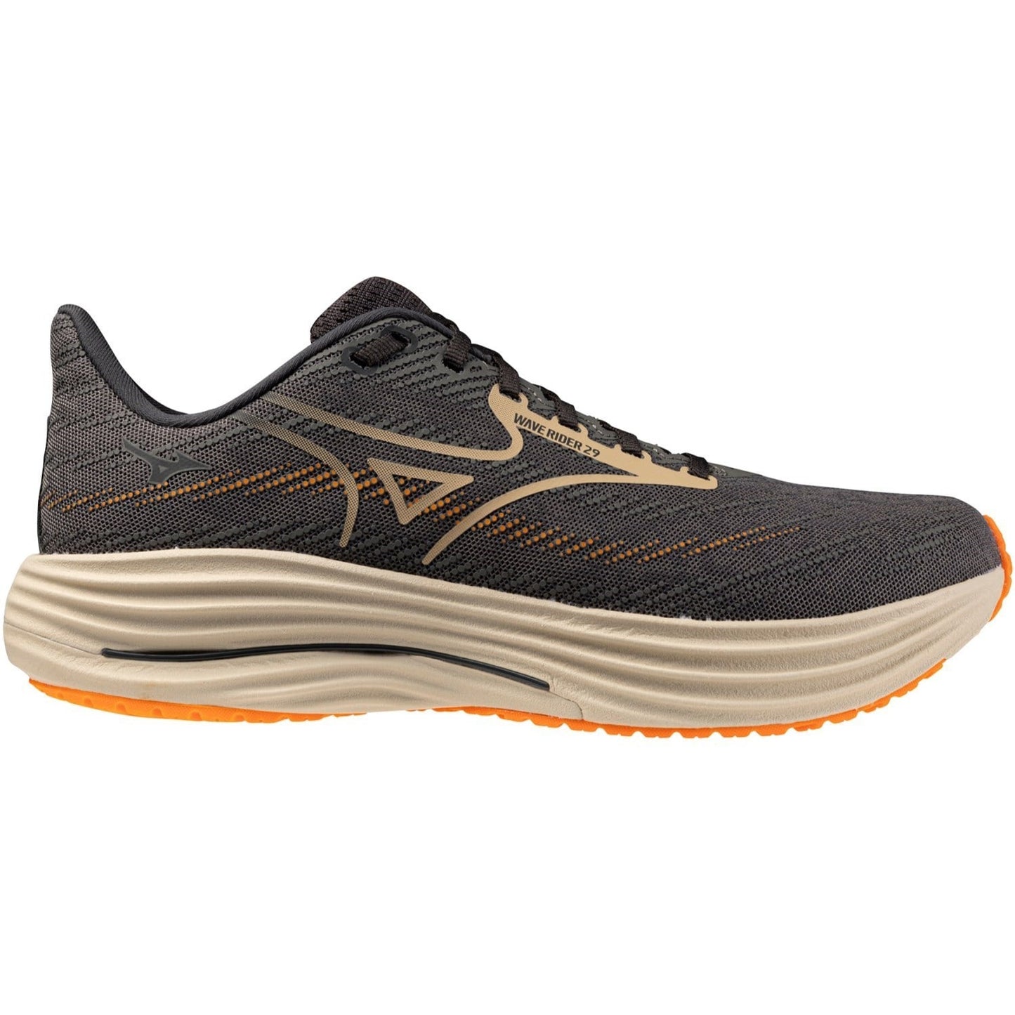 Black running shoe with orange sole on a white background