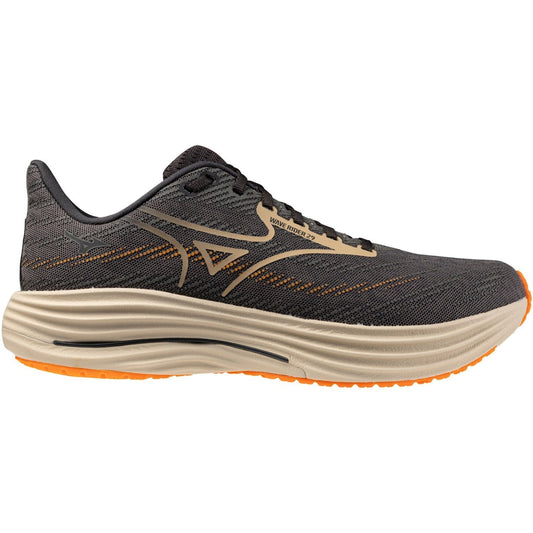 Black running shoe with orange sole on a white background