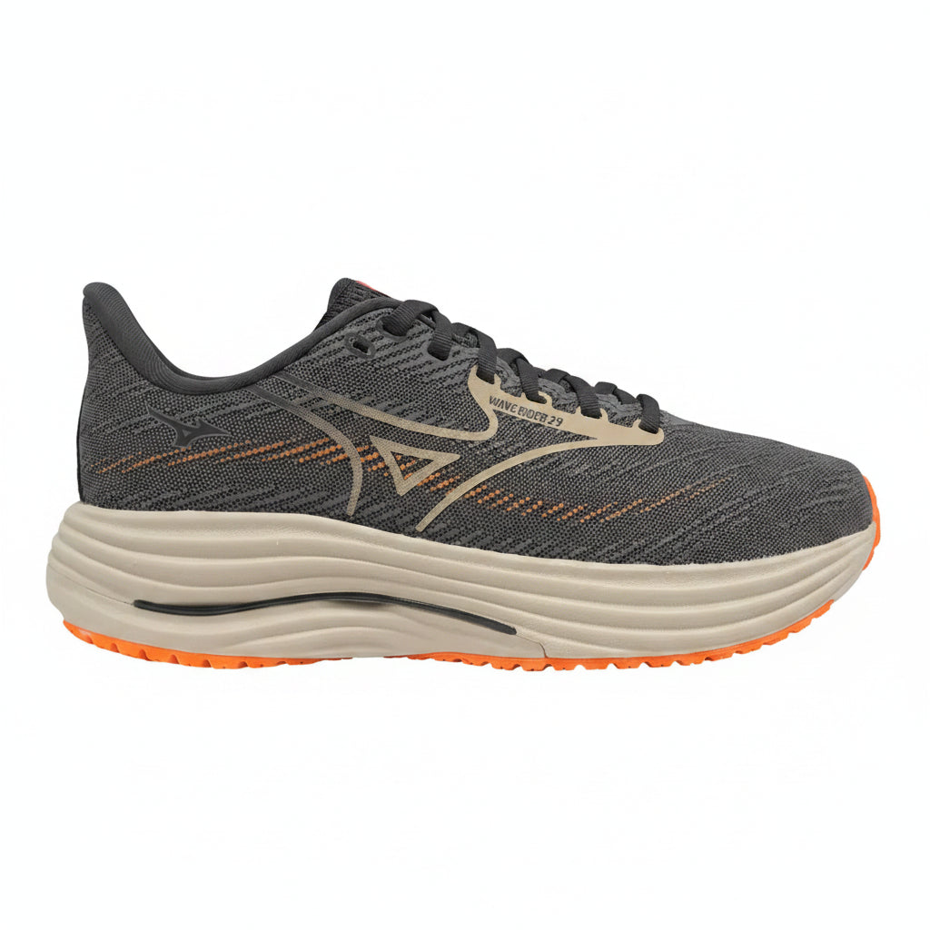 Gray running shoe with orange sole on a white background