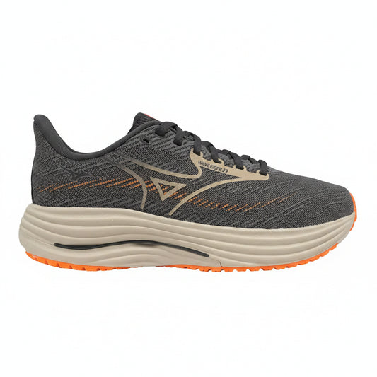 Gray running shoe with orange sole on a white background