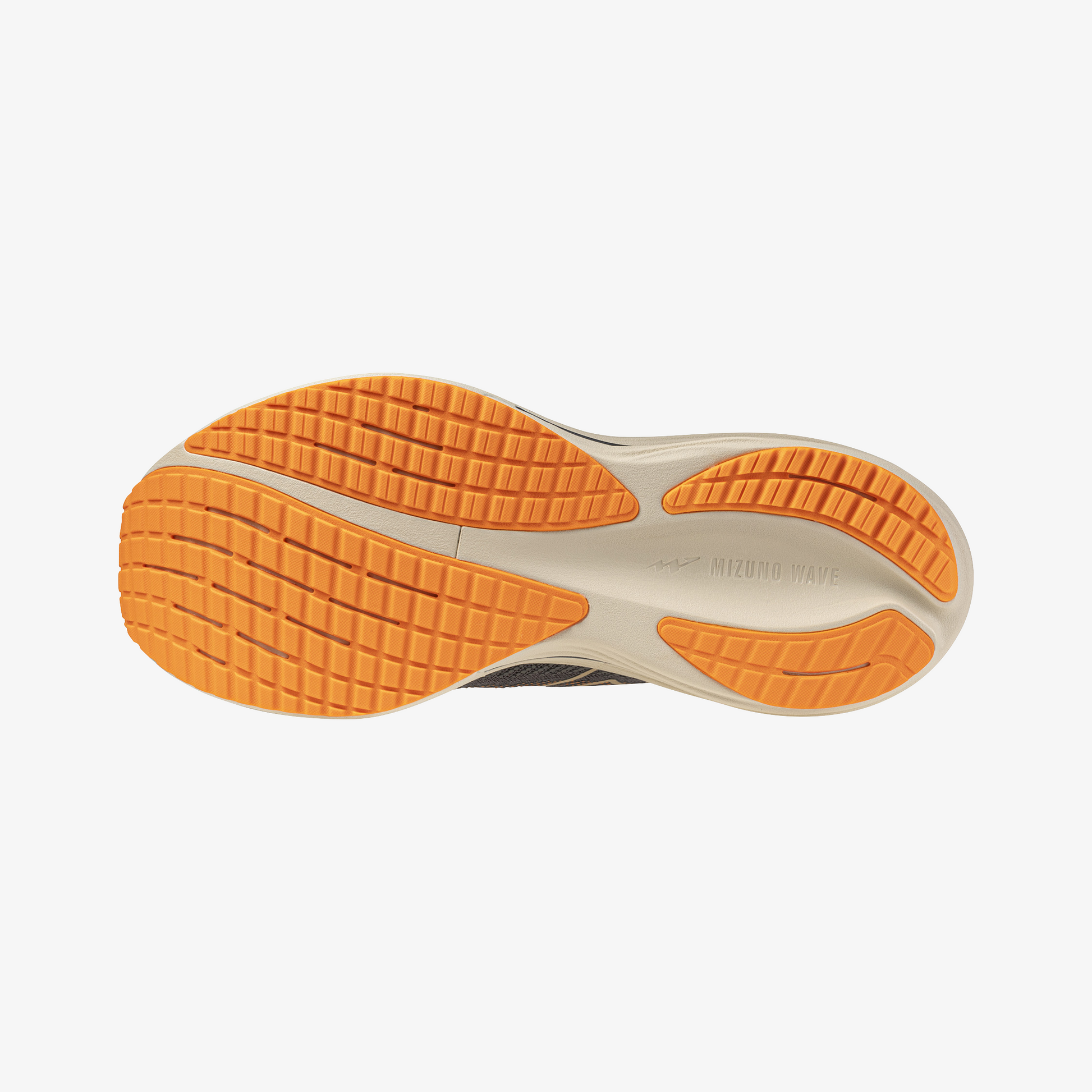 Close-up of a shoe sole with orange tread pattern on a white background