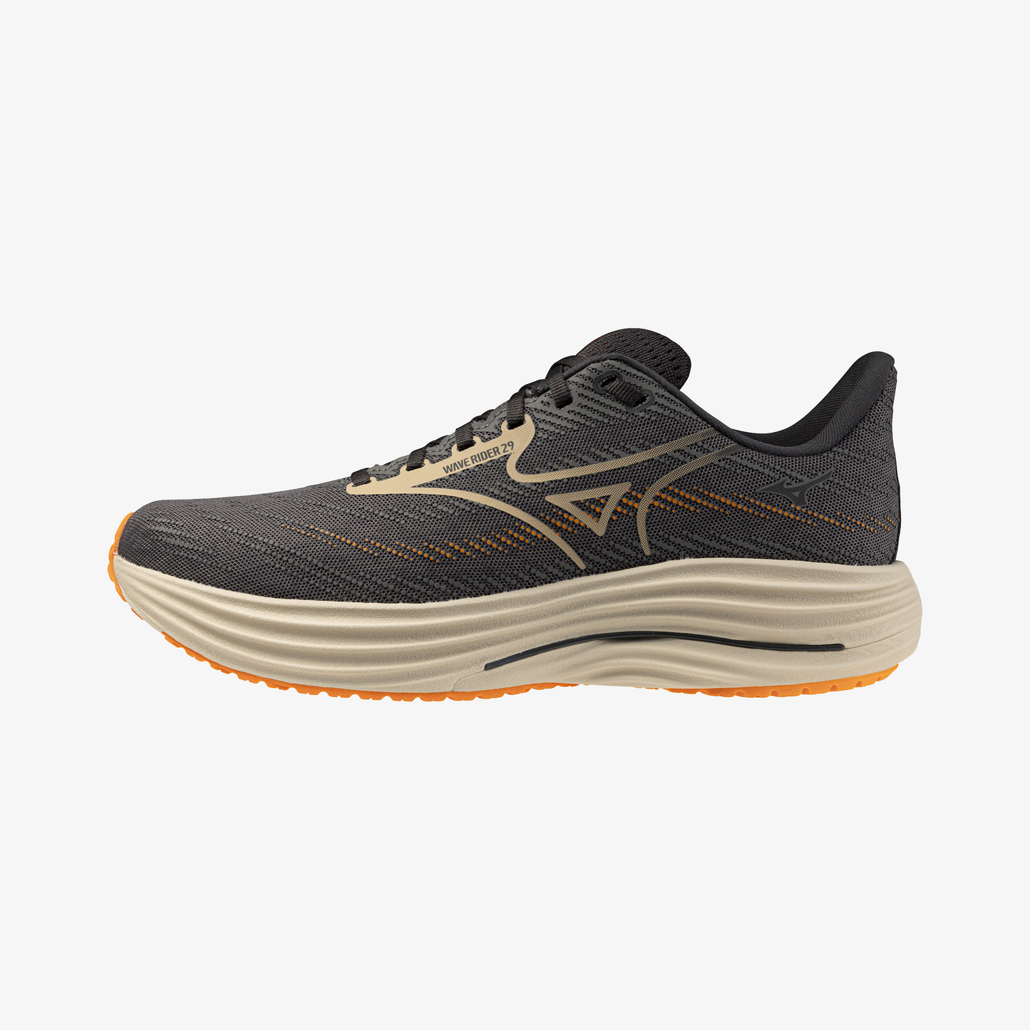 Gray running shoe with orange sole on a white background