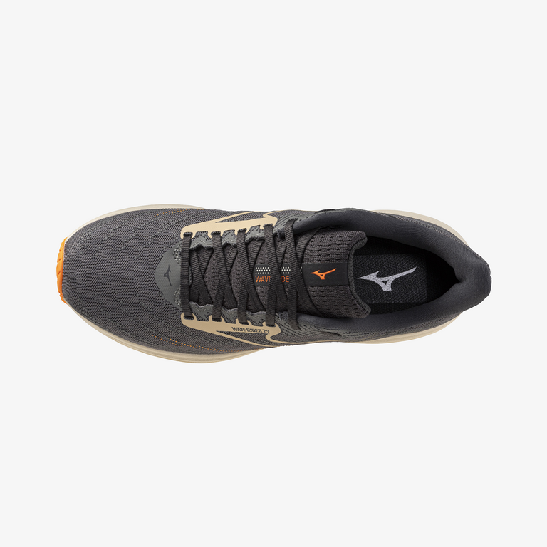 Gray running shoe with brand logo on a white background