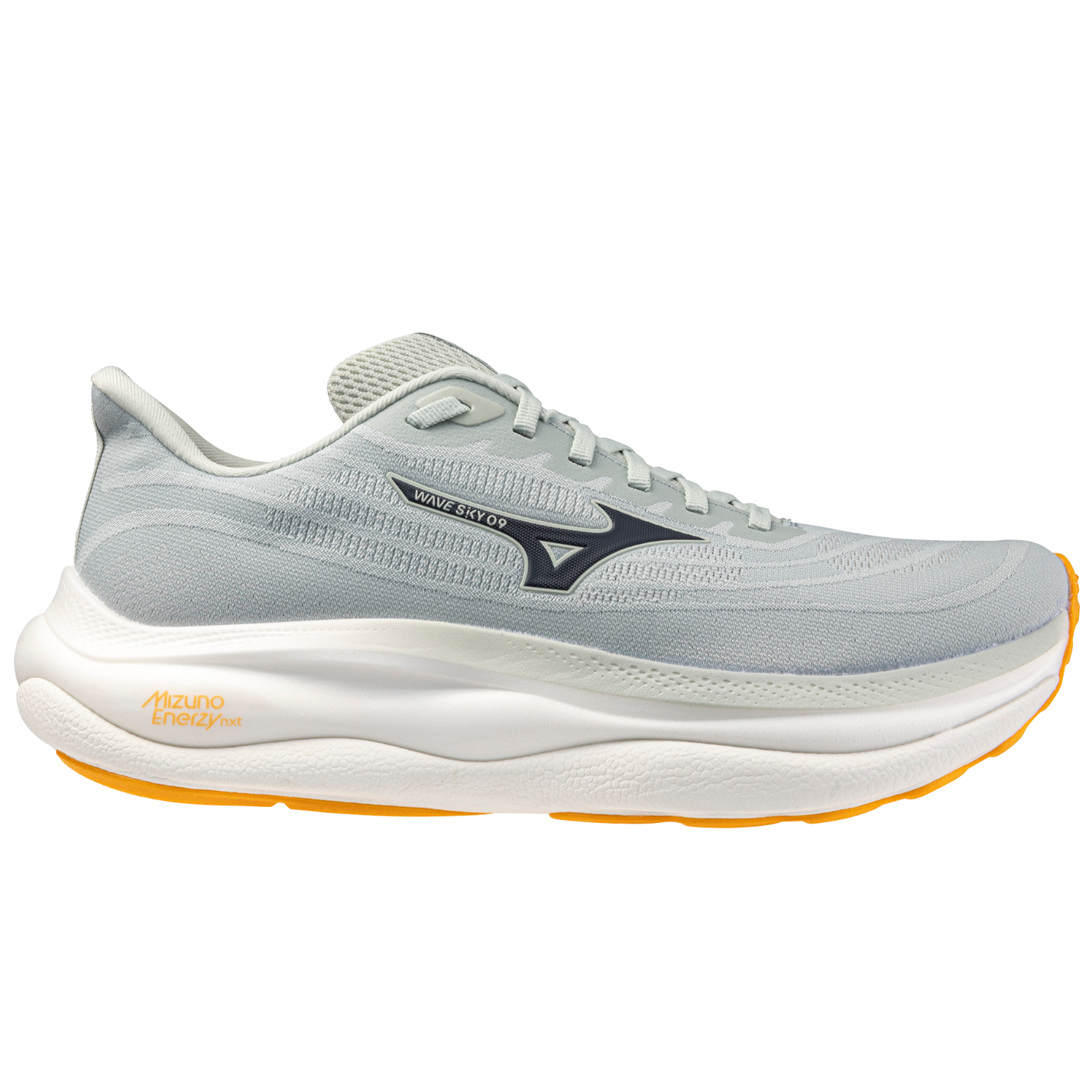 Gray running shoe with white sole on a white background