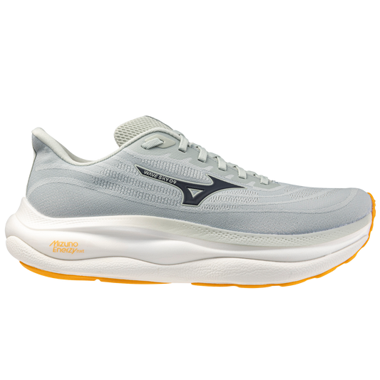 Gray running shoe with white sole on a white background