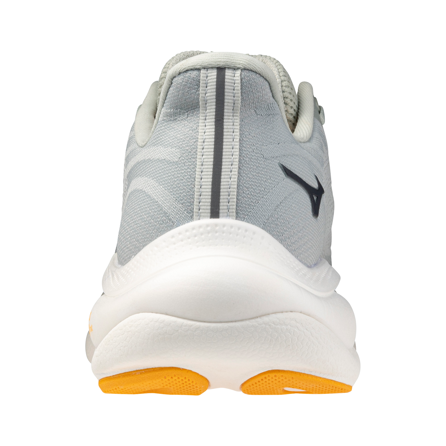Gray running shoe with white sole and yellow sole accent on a white background