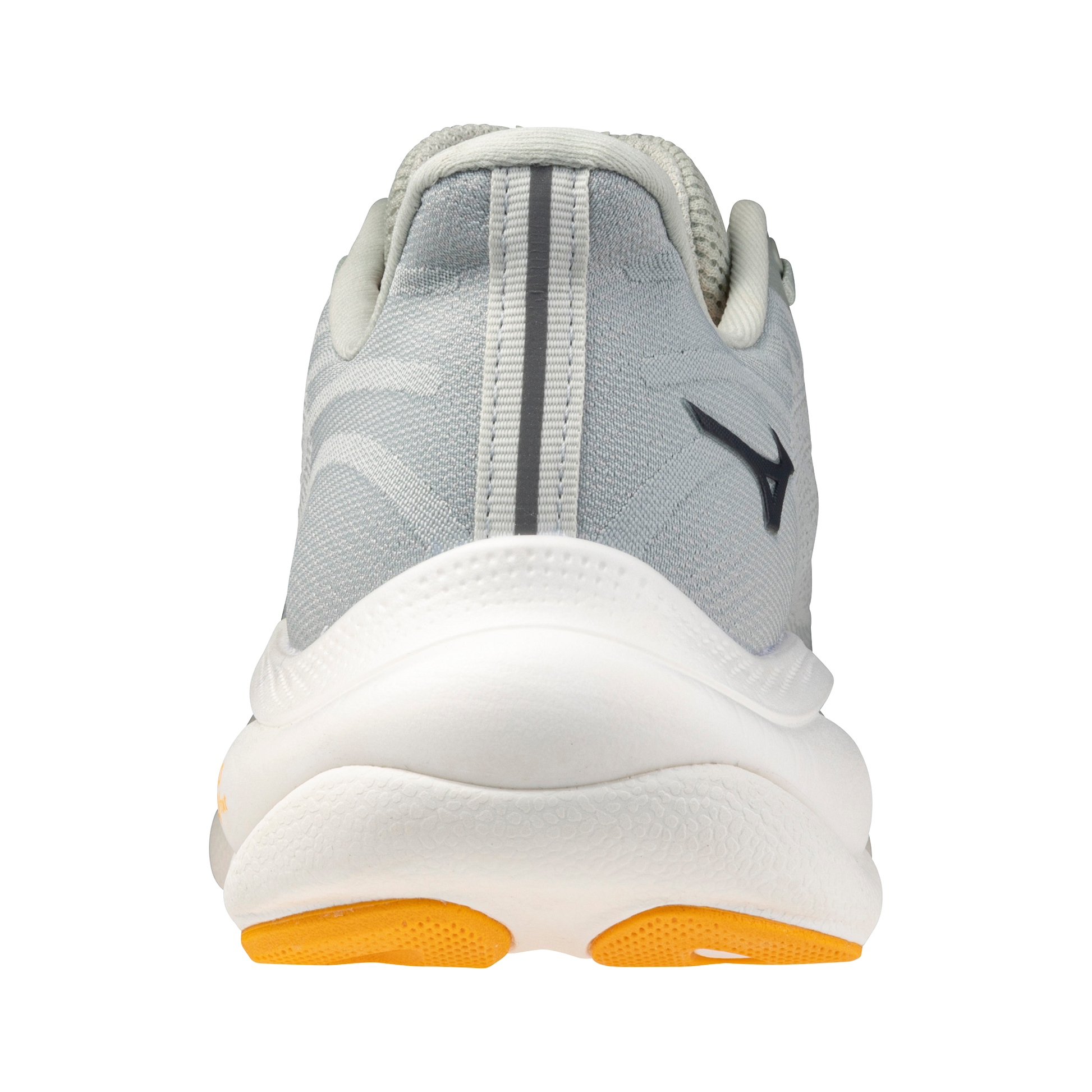 Gray running shoe with white sole and yellow sole accent on a white background