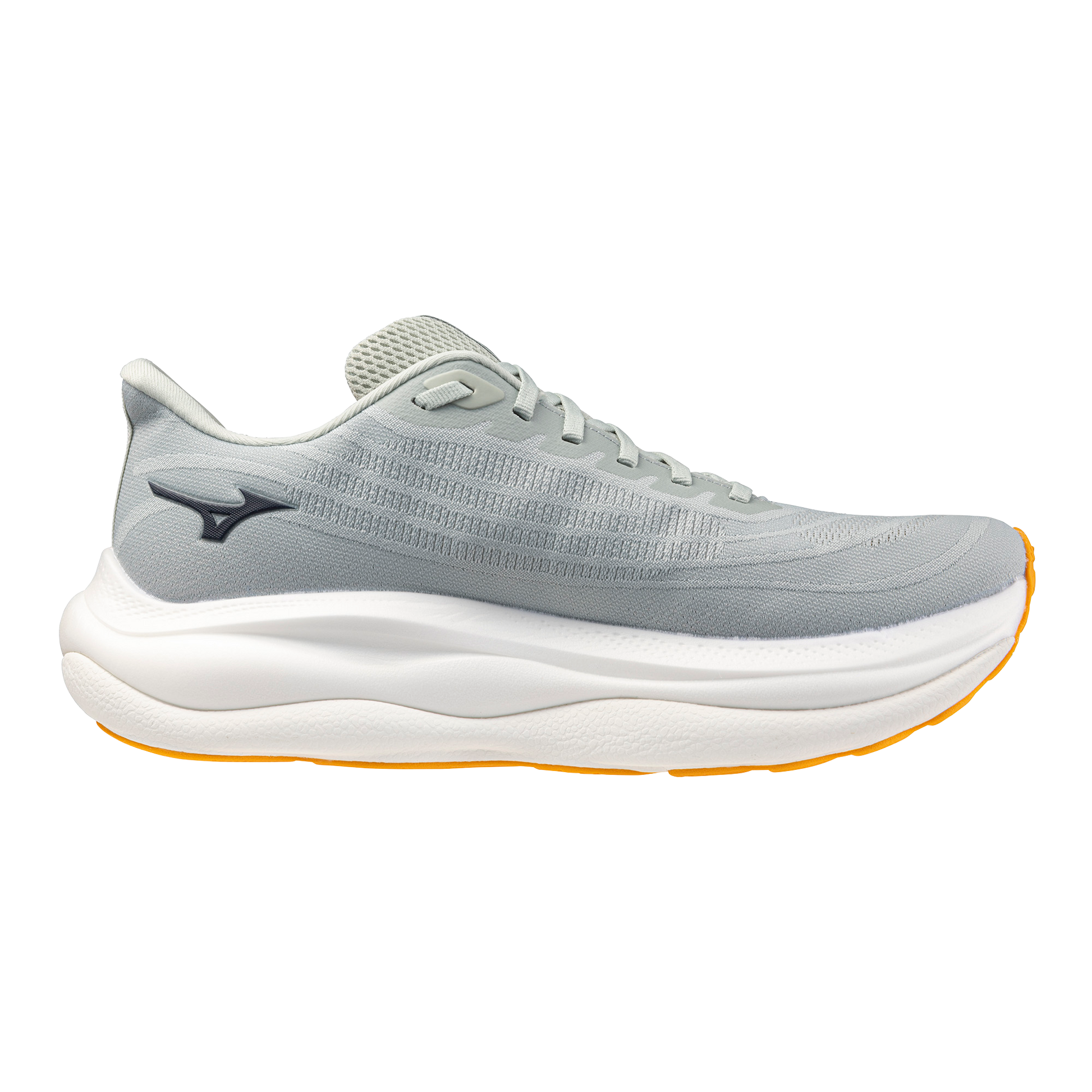 Gray running shoe with white sole on a white background