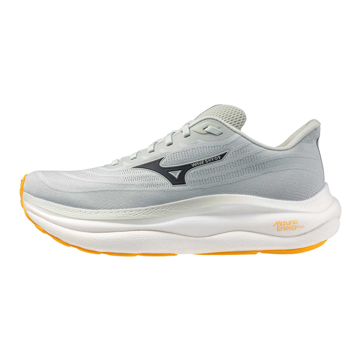 Gray running shoe with brand logo on a white background