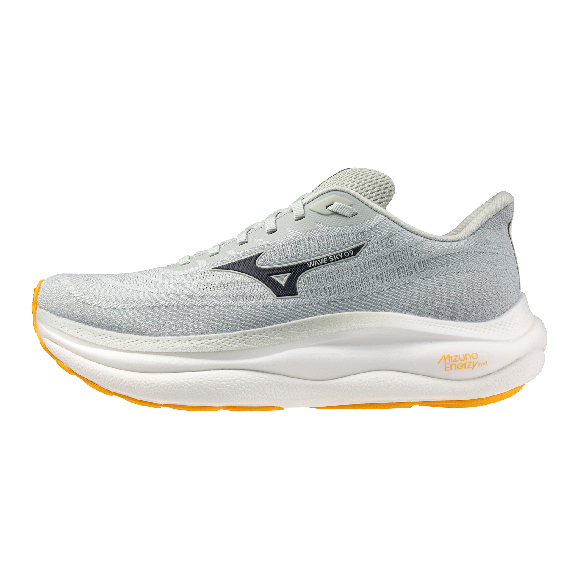 Gray running shoe with brand logo on a white background