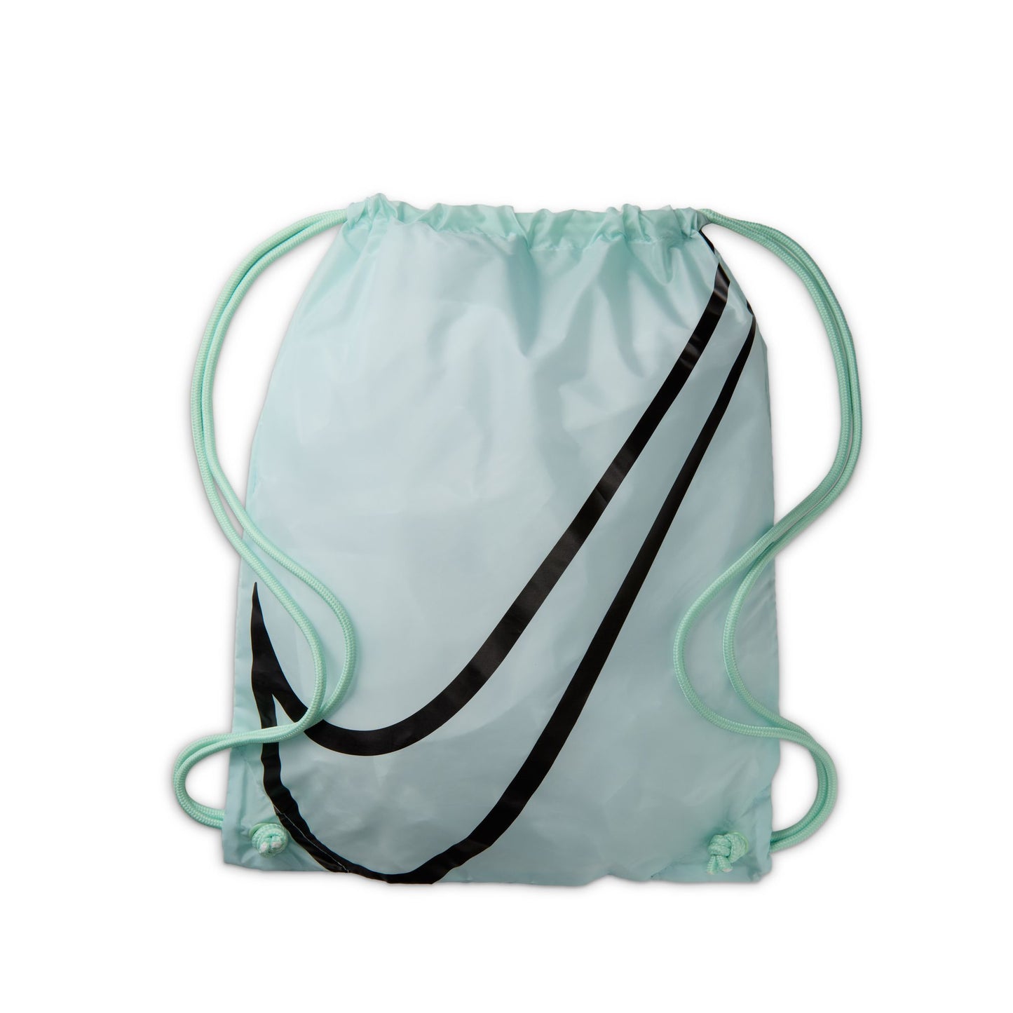 Light blue drawstring bag with black stripe on a white background
