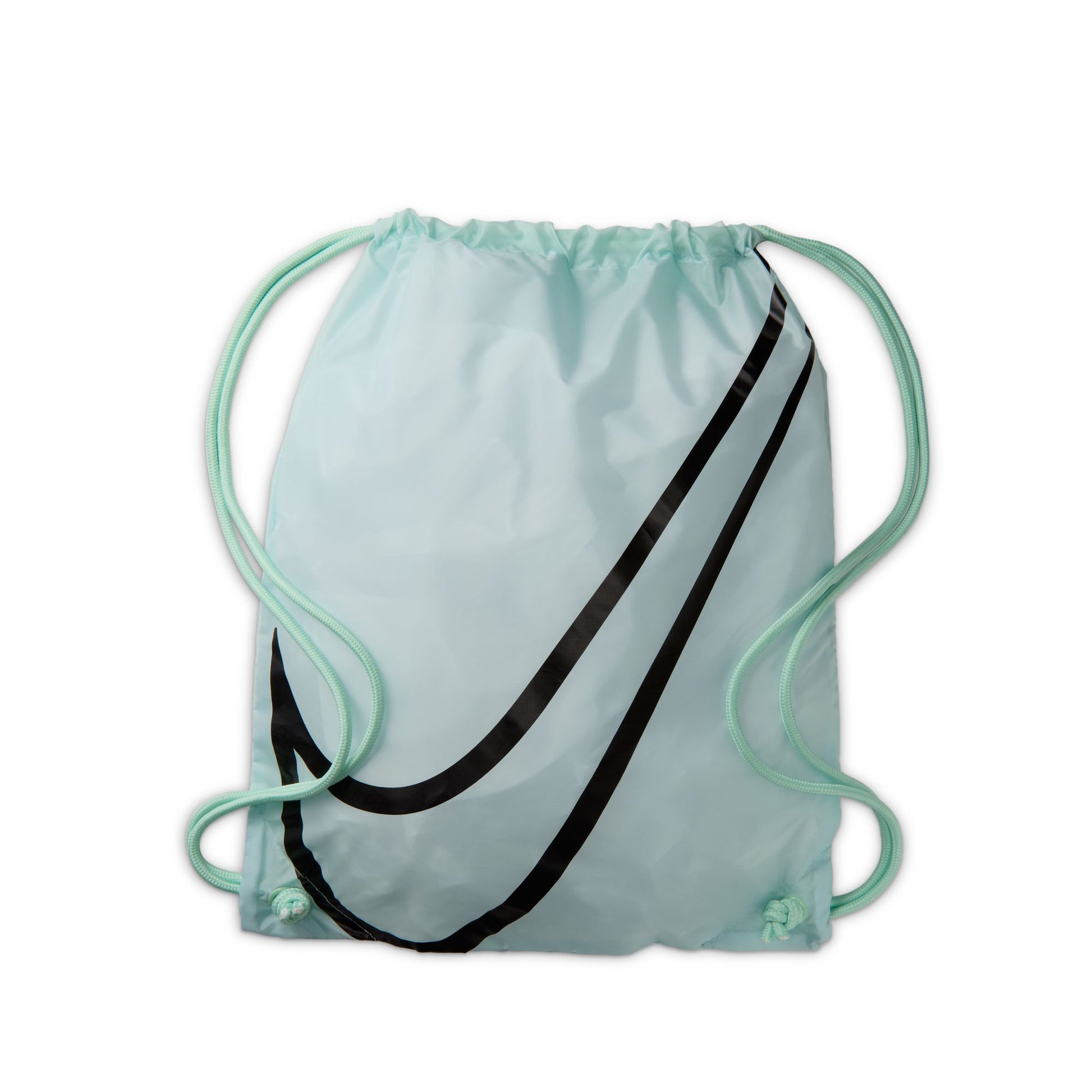 Light blue drawstring bag with black stripe on a white background