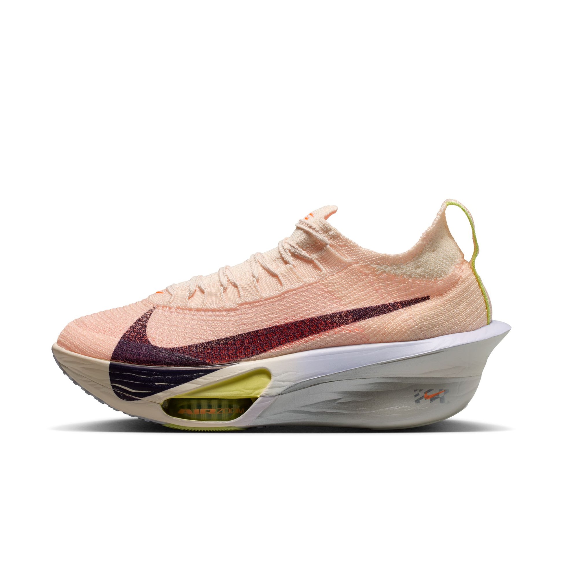 Pink running shoe with a white sole on a white background