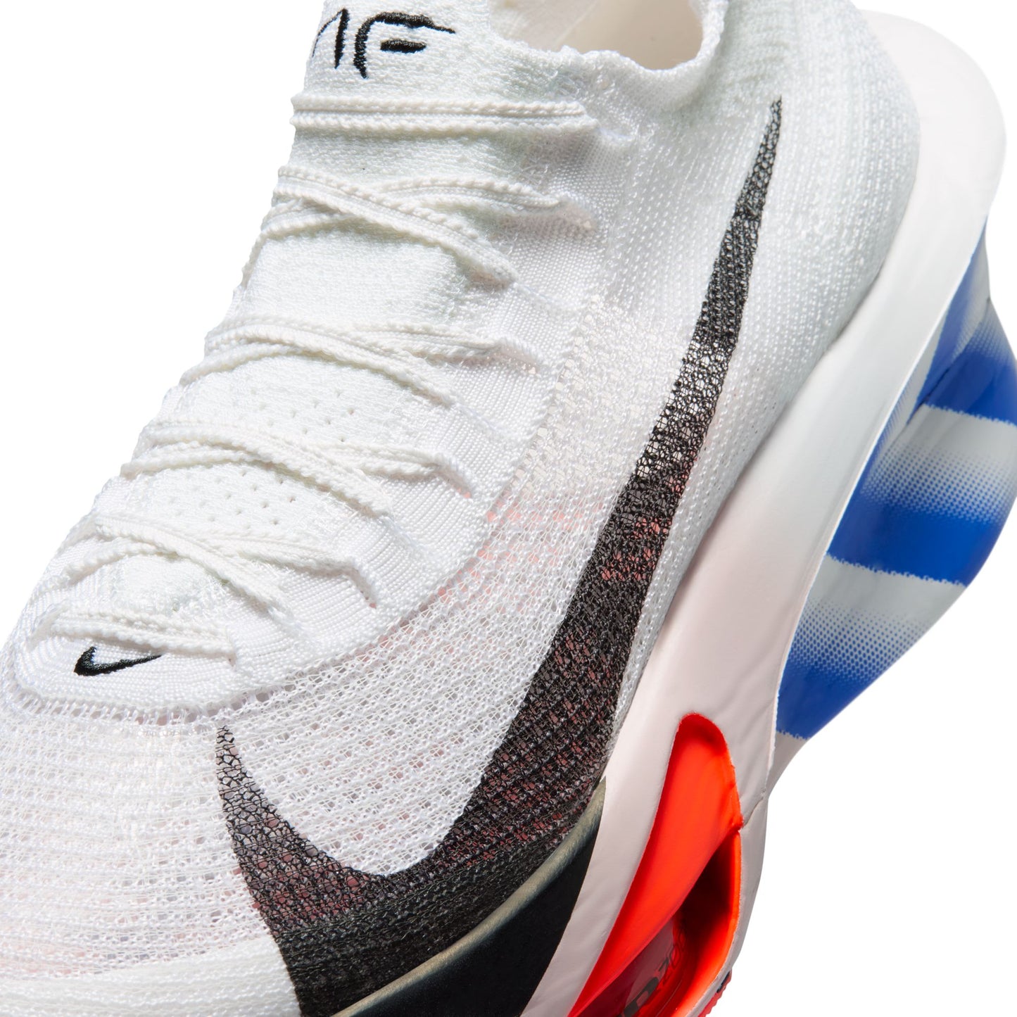 White sneaker with black swoosh logo on a white background