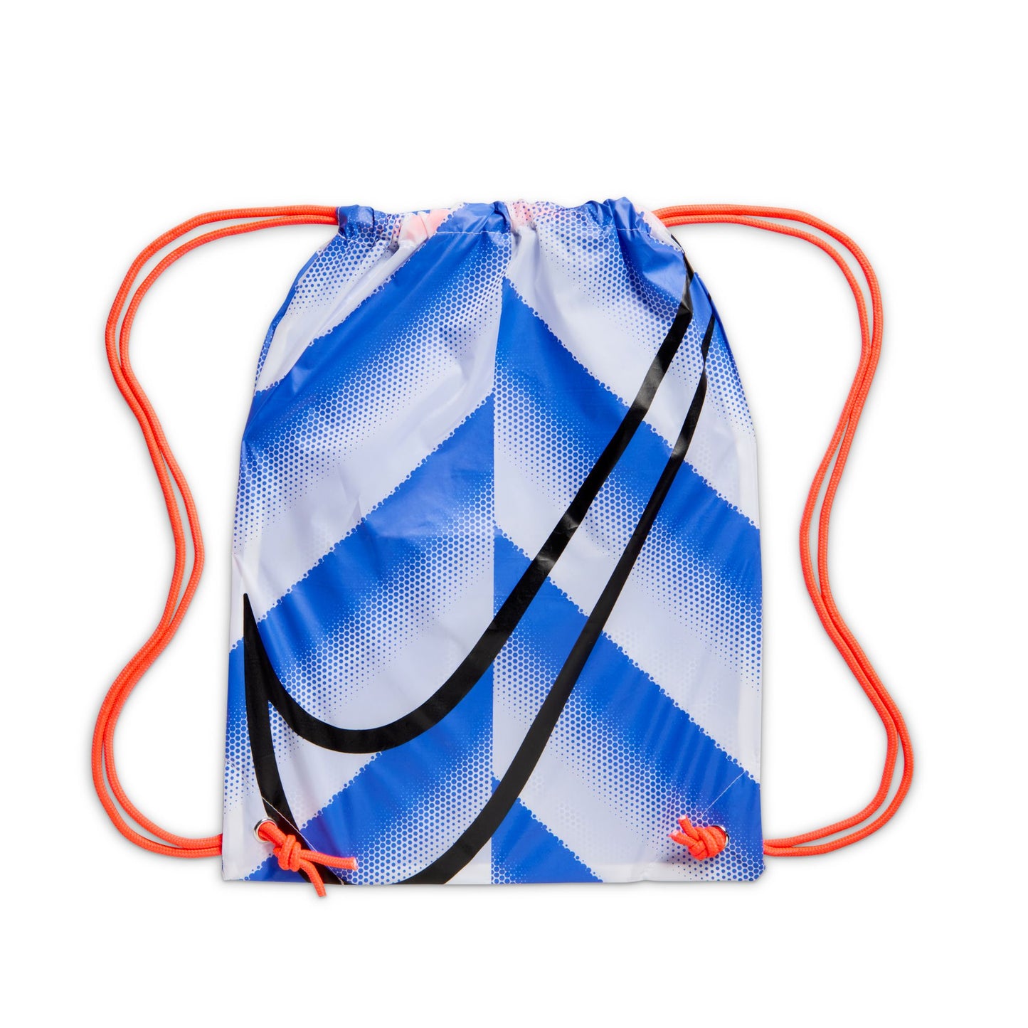 Drawstring bag with blue and white striped pattern and orange strings on a white background