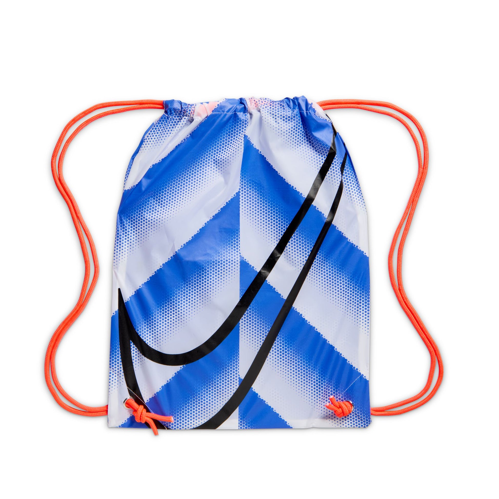 Drawstring bag with blue and white striped pattern and orange strings on a white background