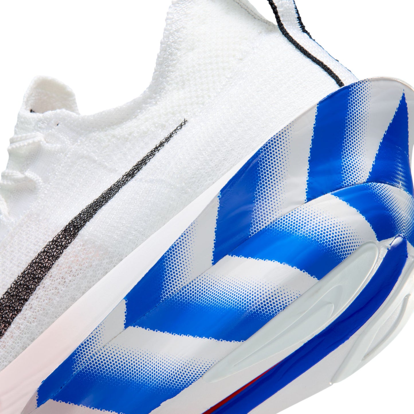 White sneaker with blue and red accents on a white background