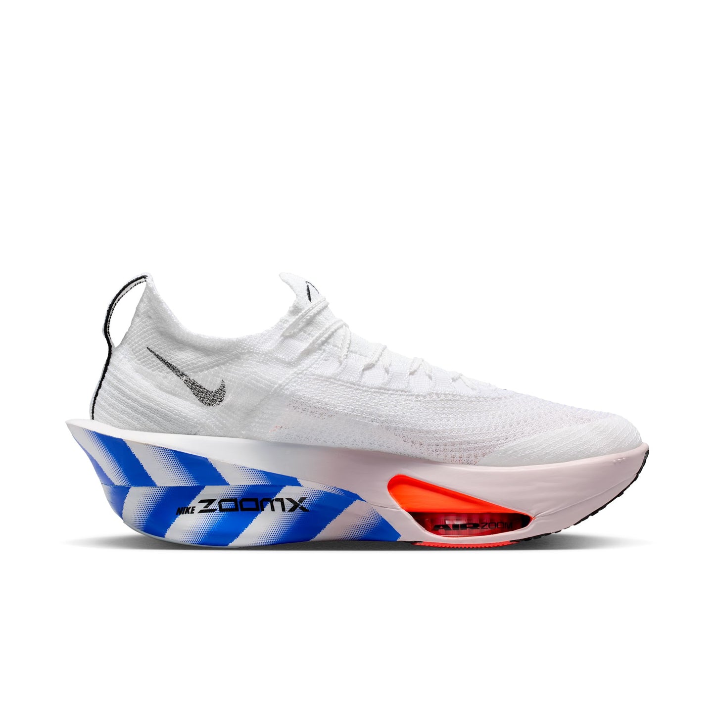 White running shoe with blue and red sole on a white background