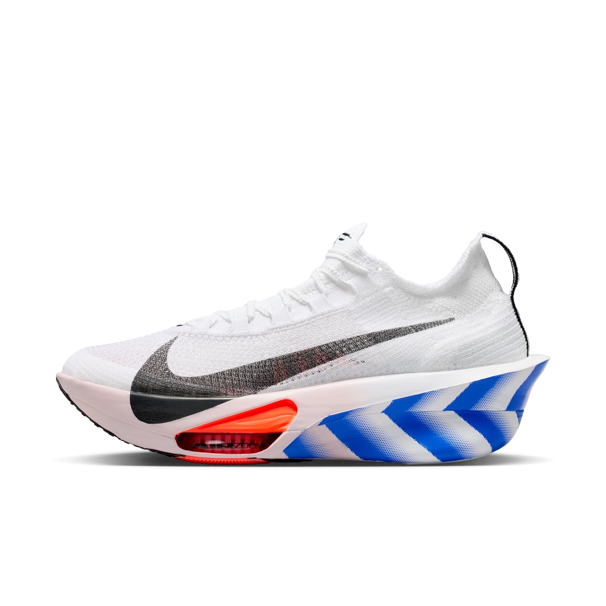 White running shoe with blue and red accents on a white background