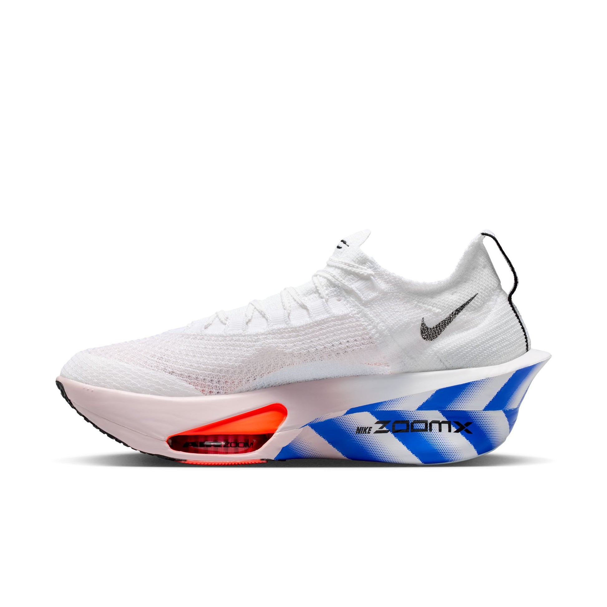 White running shoe with blue and red accents on a white background