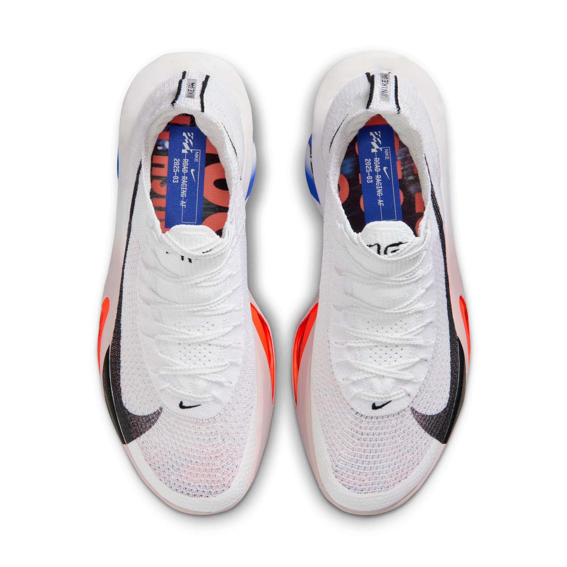 White sneakers with black and orange accents on a white background