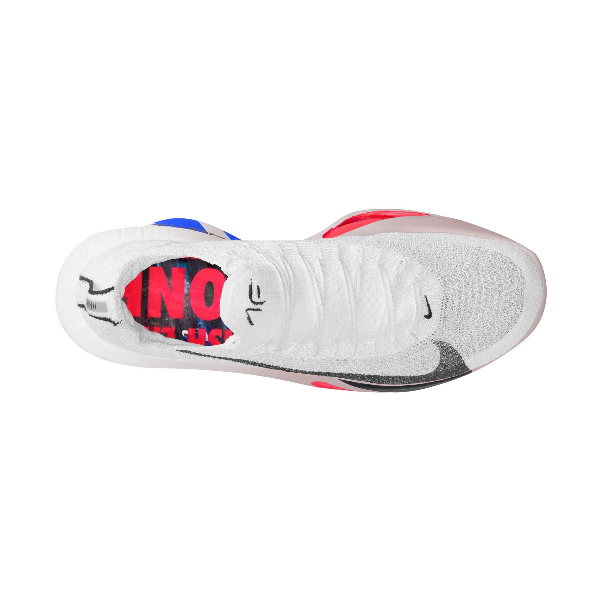 White sneaker with red and blue accents on a white background