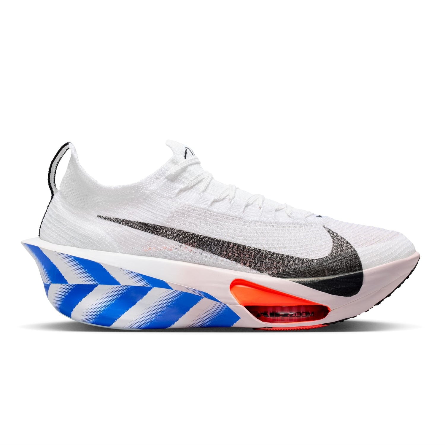White running shoe with blue and red accents on a white background