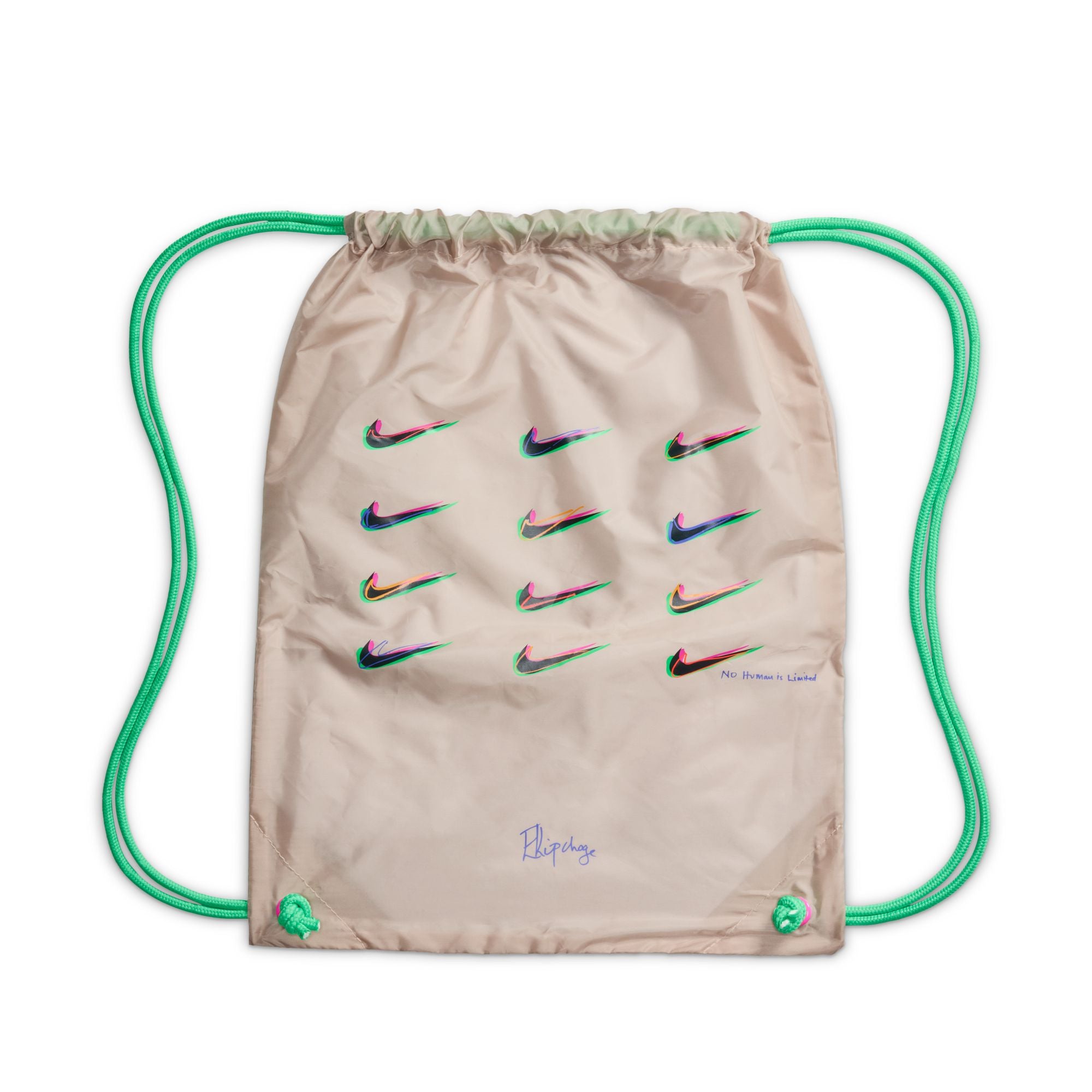 Beige drawstring bag with colorful Nike logos on a white background