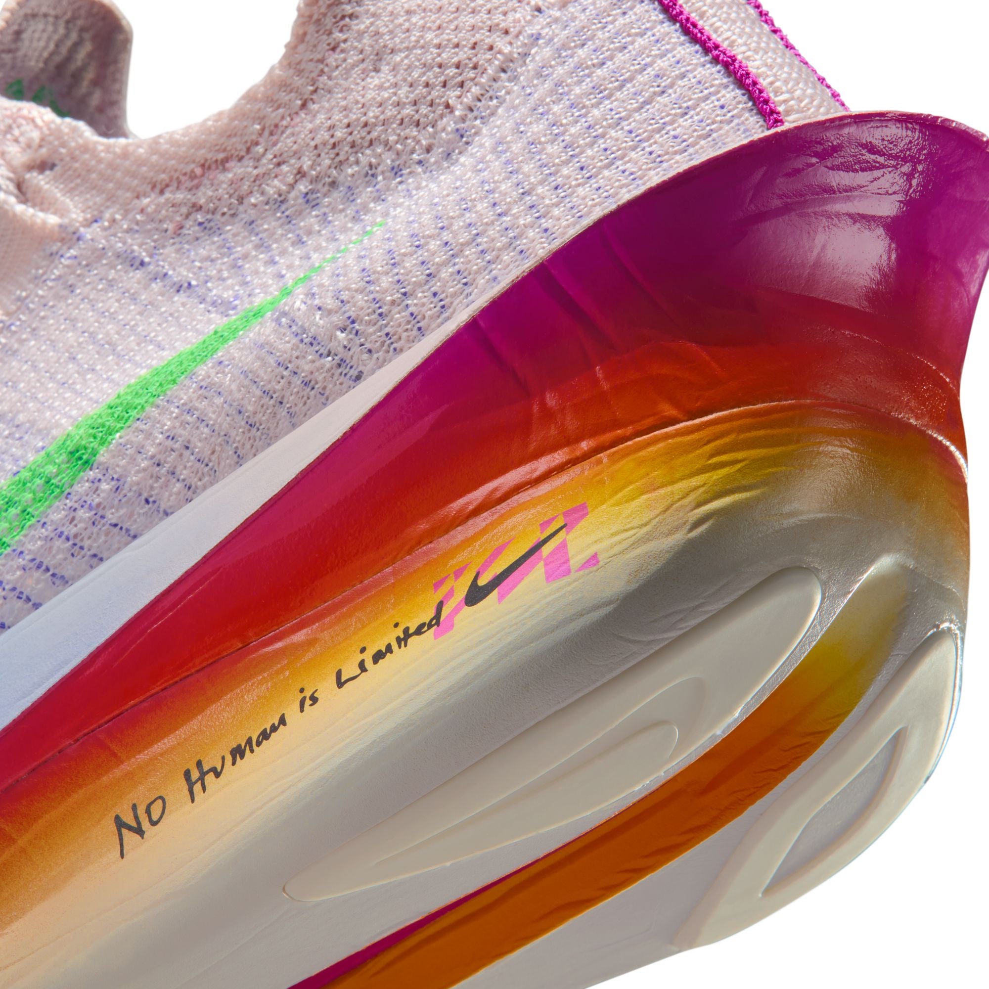 Close-up of a colorful sneaker with a Nike logo on a white background