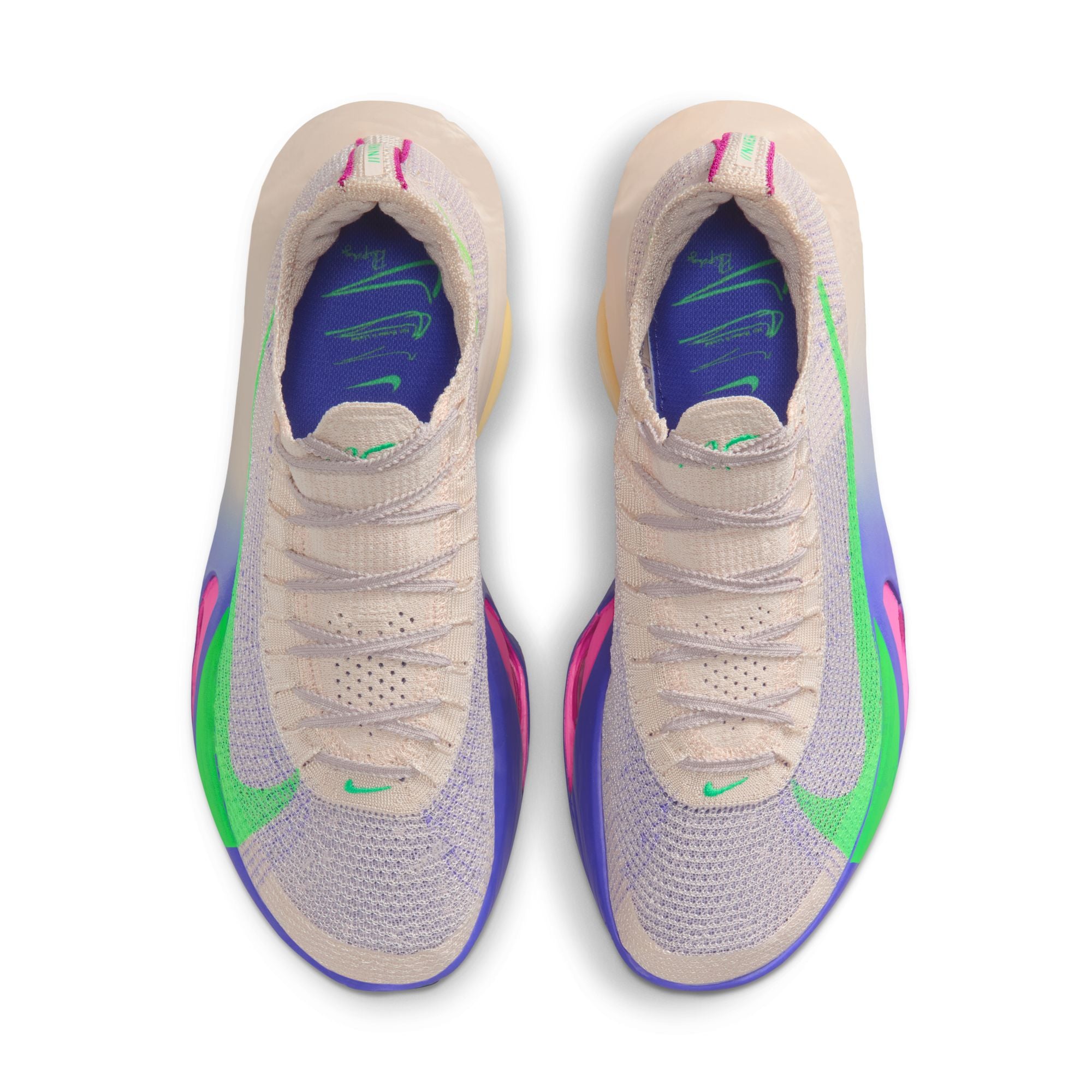Pair of colorful sneakers with a visible brand logo on a white background