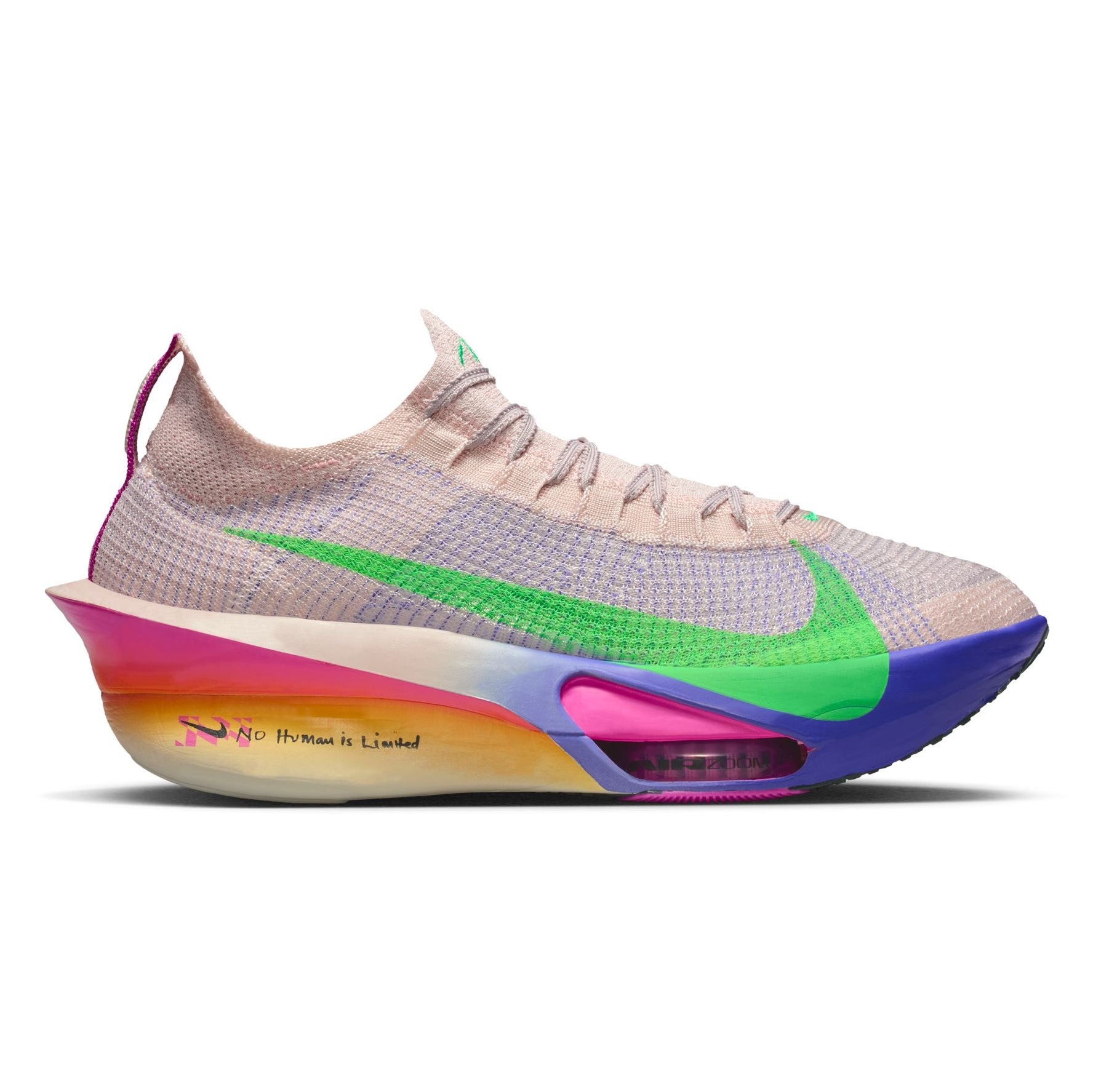 Multicolored sneaker with a prominent brand logo on a white background