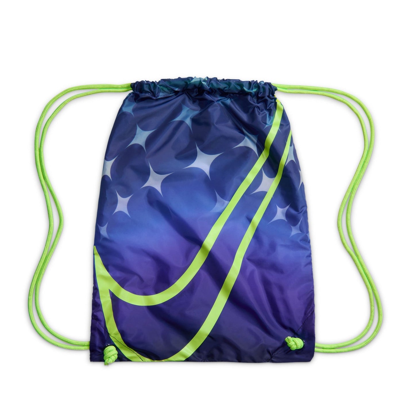 Blue drawstring bag with star pattern and green strings on a white background