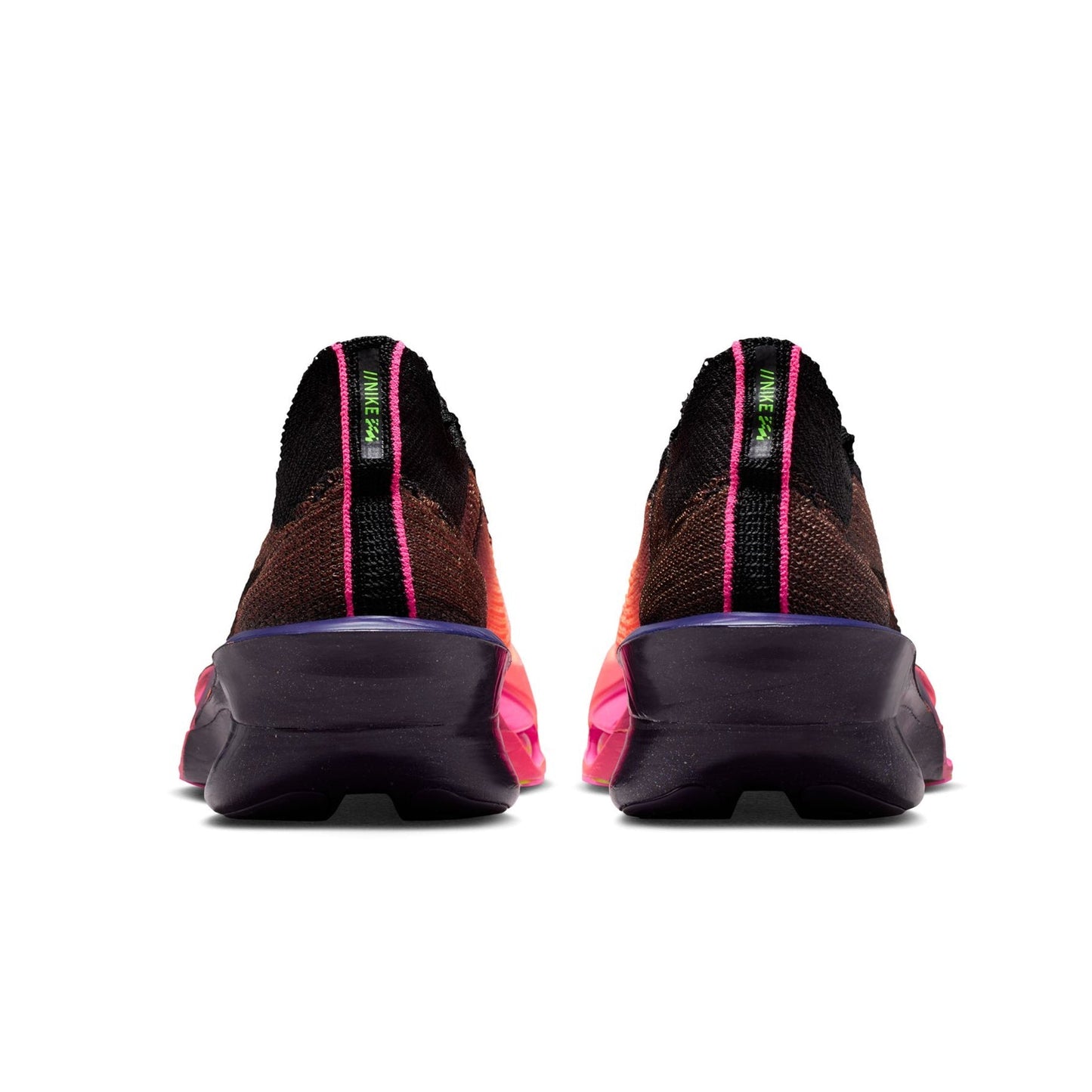 Multicolored athletic shoes shown from the back on a white background
